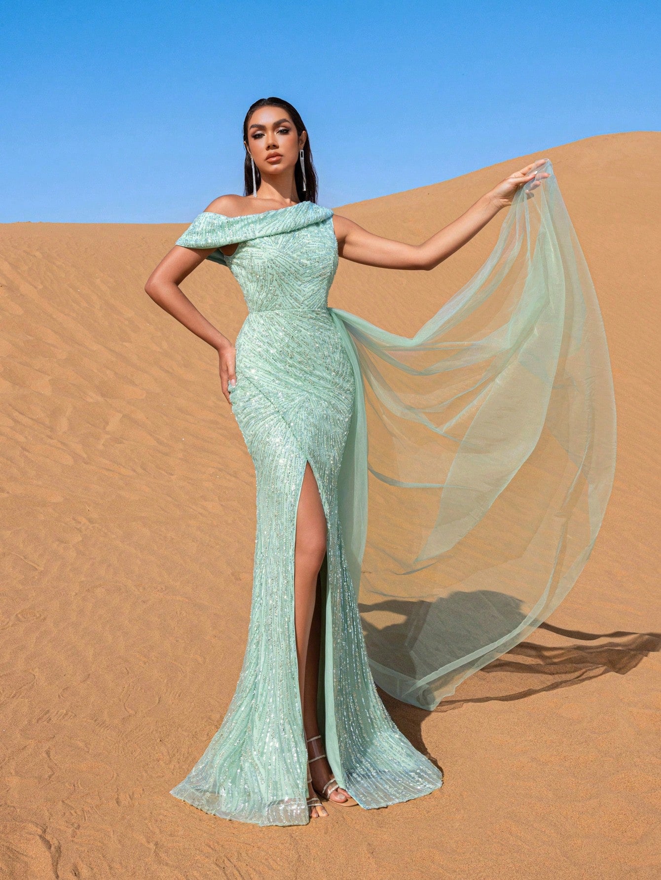 Gorgeous Sloping Collar Sheer Overlay Beaded Evening Dress