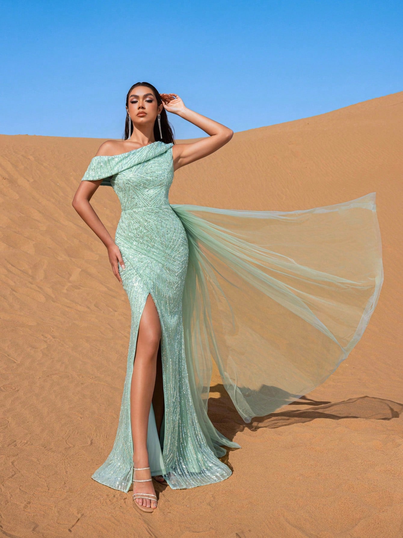 Gorgeous Sloping Collar Sheer Overlay Beaded Evening Dress