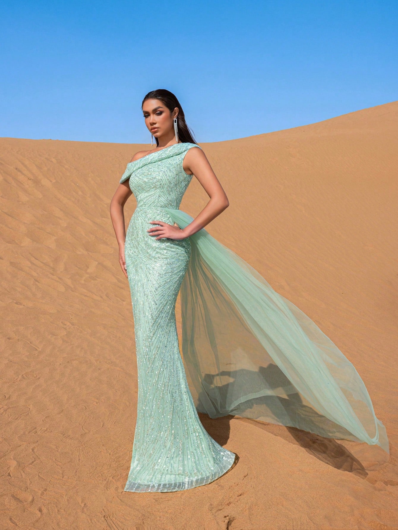 Gorgeous Sloping Collar Sheer Overlay Beaded Evening Dress