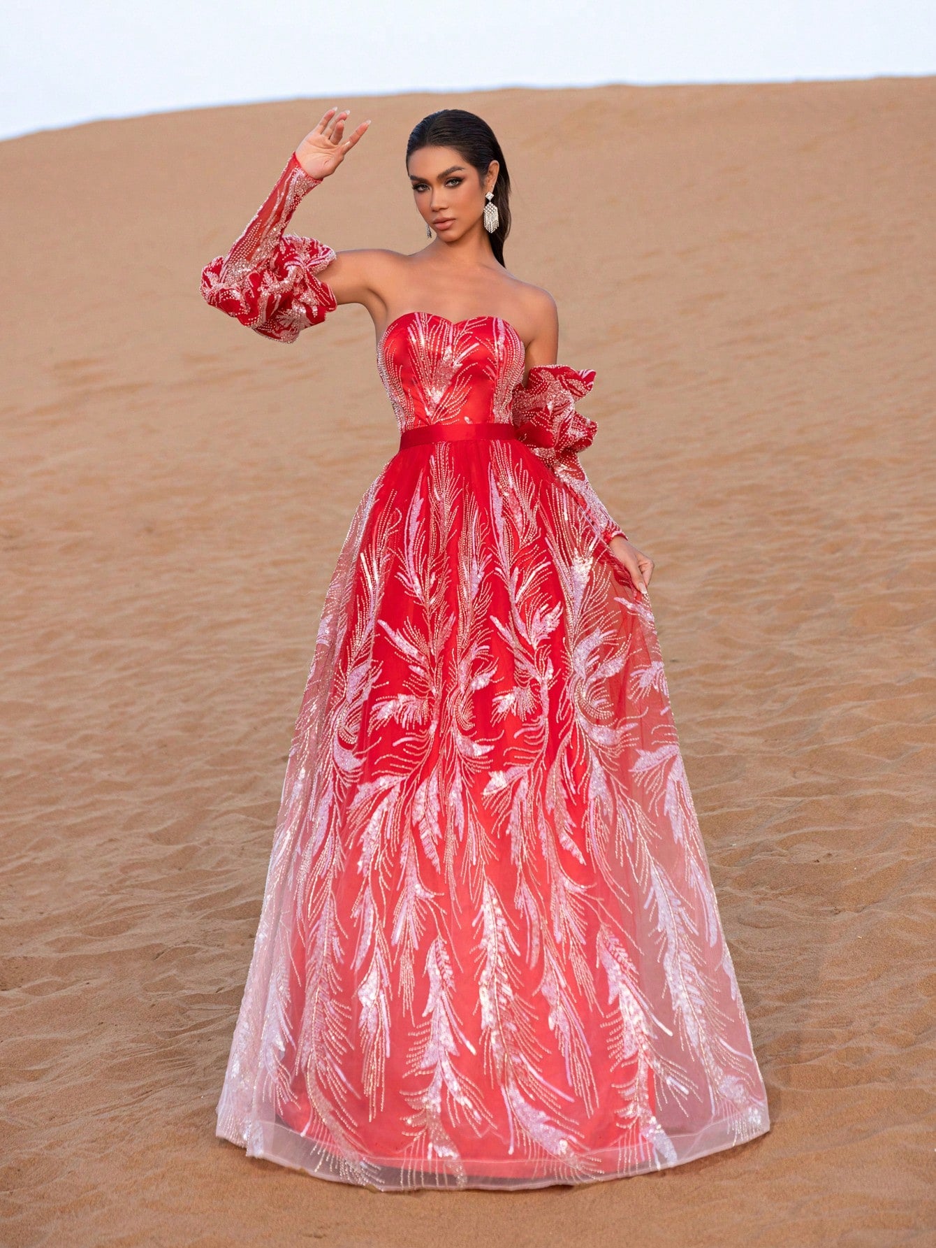 Elegant Back Lace-Up Puffy Sleeves Beaded Prom Dress
