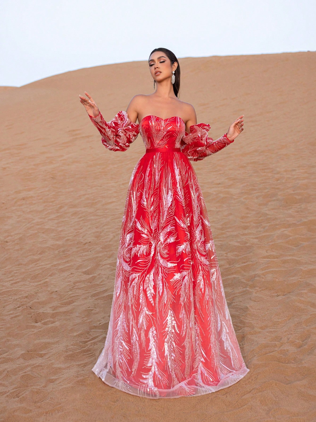 Elegant Back Lace-Up Puffy Sleeves Beaded Prom Dress