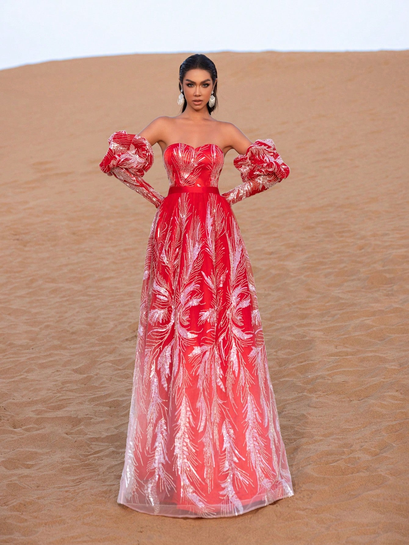 Elegant Back Lace-Up Puffy Sleeves Beaded Prom Dress