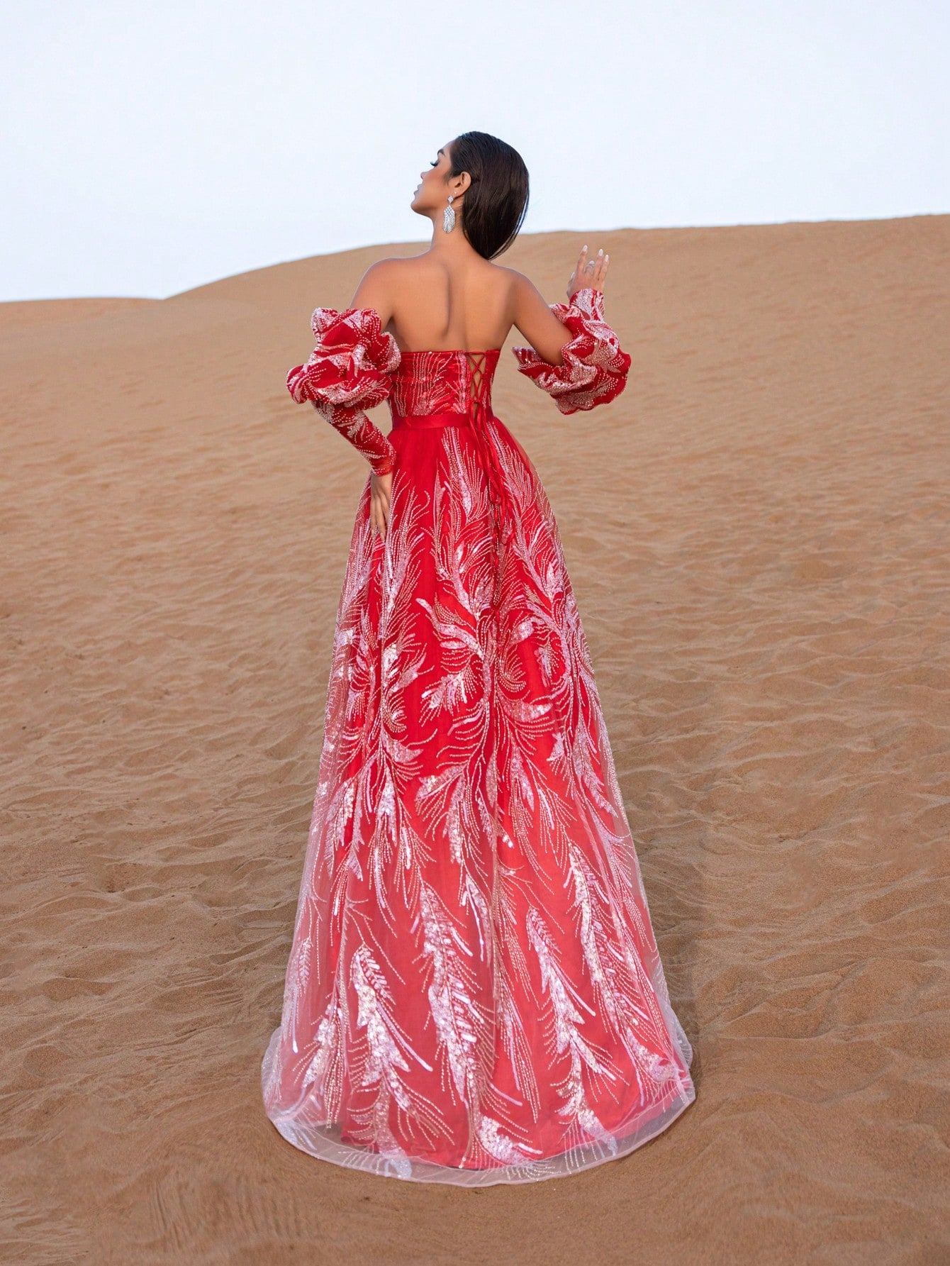 Elegant Back Lace-Up Puffy Sleeves Beaded Prom Dress