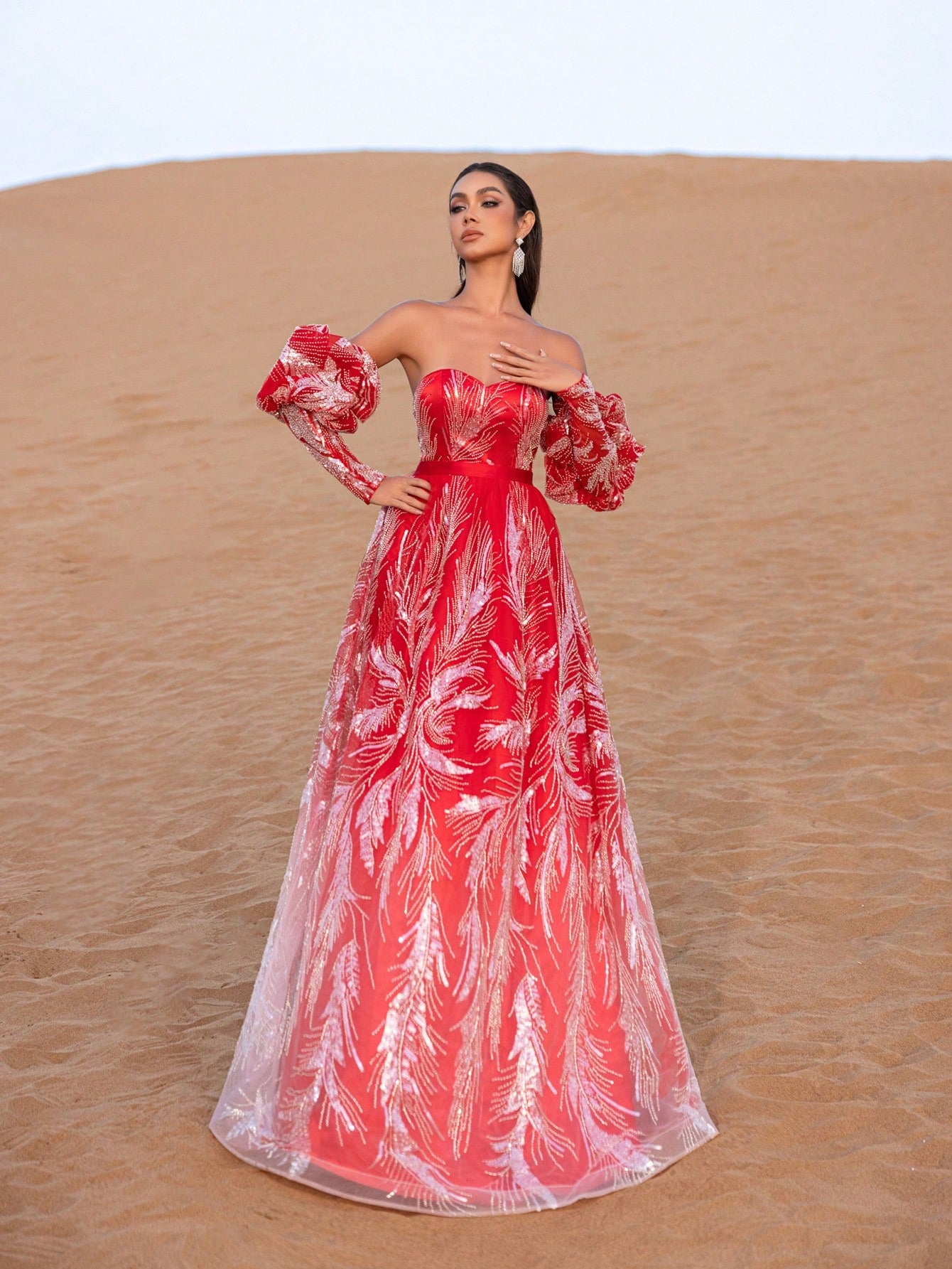 Elegant Back Lace-Up Puffy Sleeves Beaded Prom Dress