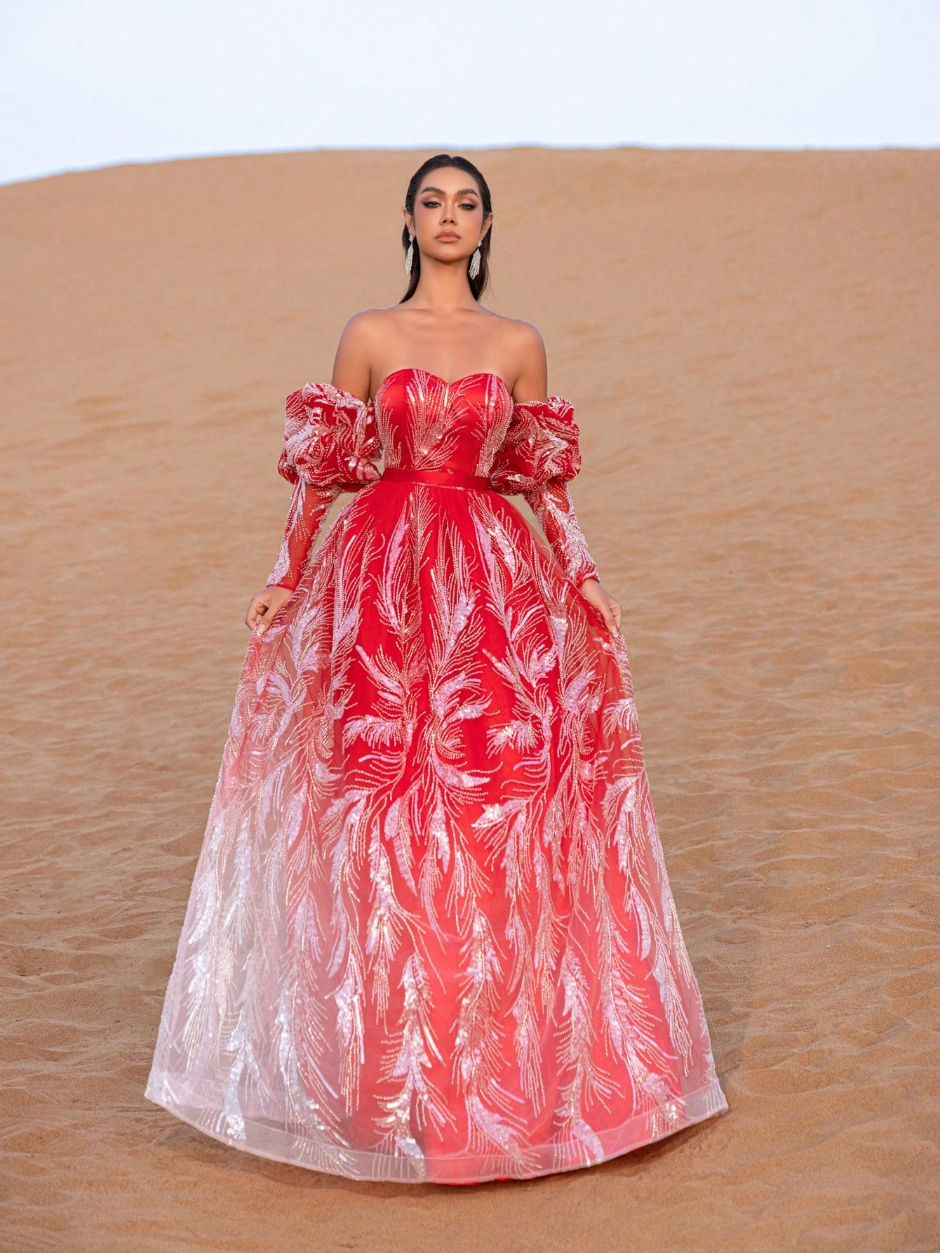 Elegant Back Lace-Up Puffy Sleeves Beaded Prom Dress