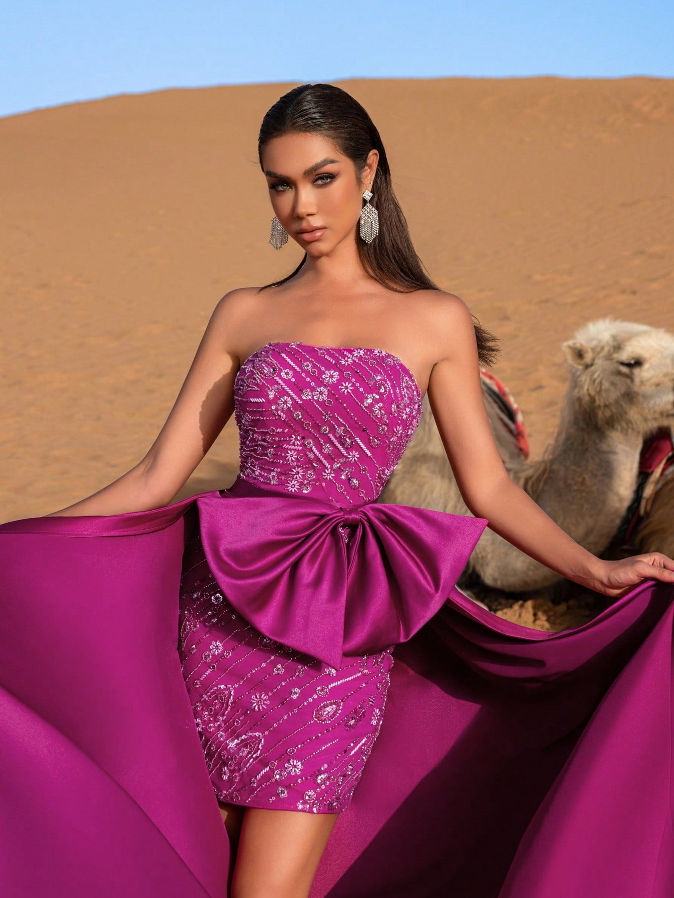 Gorgeous Strapless Bow Detail Beaded Prom Dress With Satin Train
