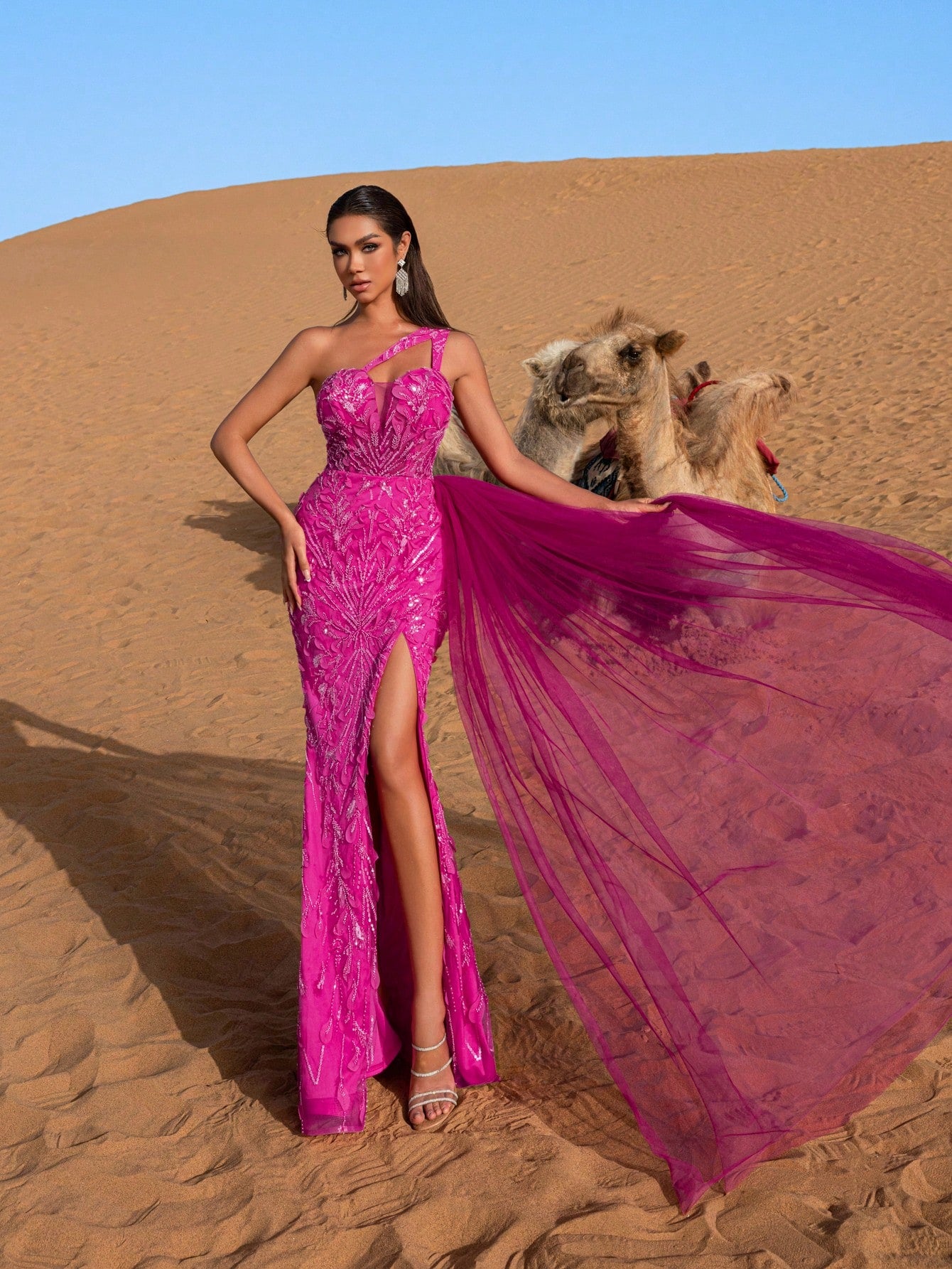 Elegant One Shoulder Beaded Mermaid Gown with Back-Tie Detail, High Thigh Slit & Side Cascading Train Evening Dress