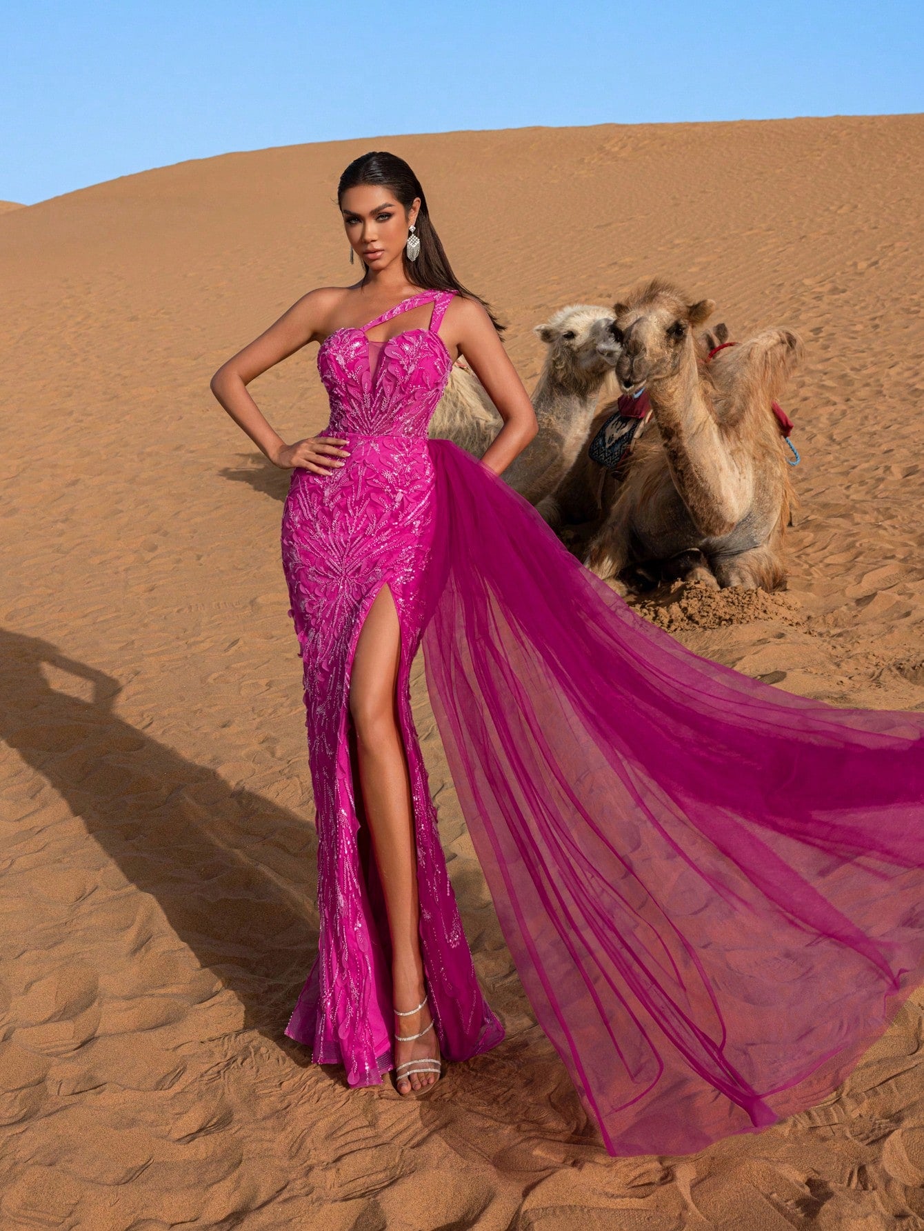 Elegant One Shoulder Beaded Mermaid Gown with Back-Tie Detail, High Thigh Slit & Side Cascading Train Evening Dress