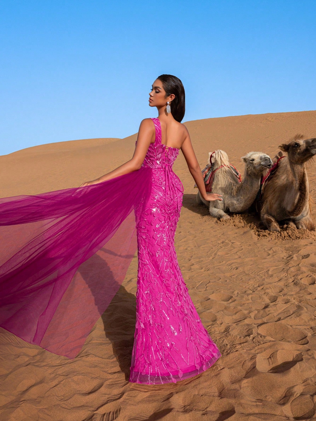 Elegant One Shoulder Beaded Mermaid Gown with Back-Tie Detail, High Thigh Slit & Side Cascading Train Evening Dress