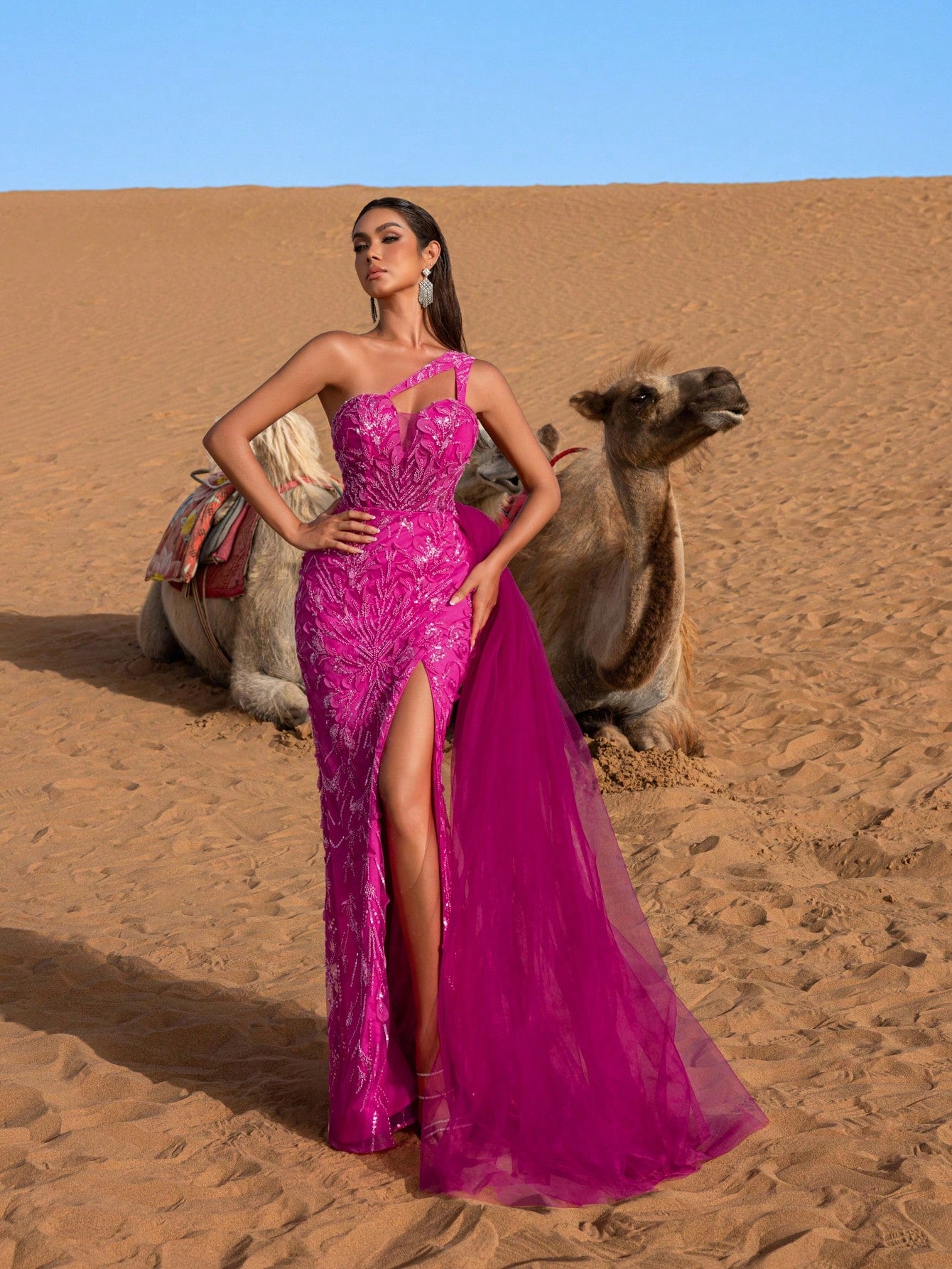 Elegant One Shoulder Beaded Mermaid Gown with Back-Tie Detail, High Thigh Slit & Side Cascading Train Evening Dress