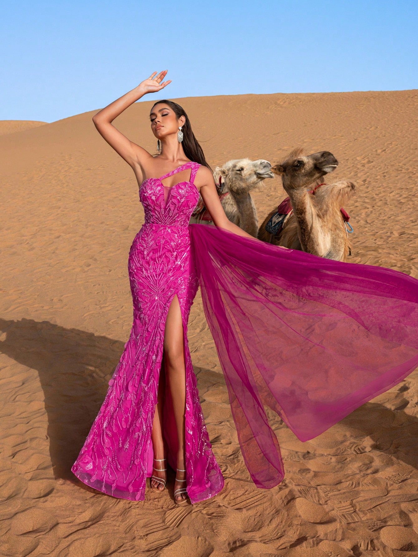 Elegant One Shoulder Beaded Mermaid Gown with Back-Tie Detail, High Thigh Slit & Side Cascading Train Evening Dress