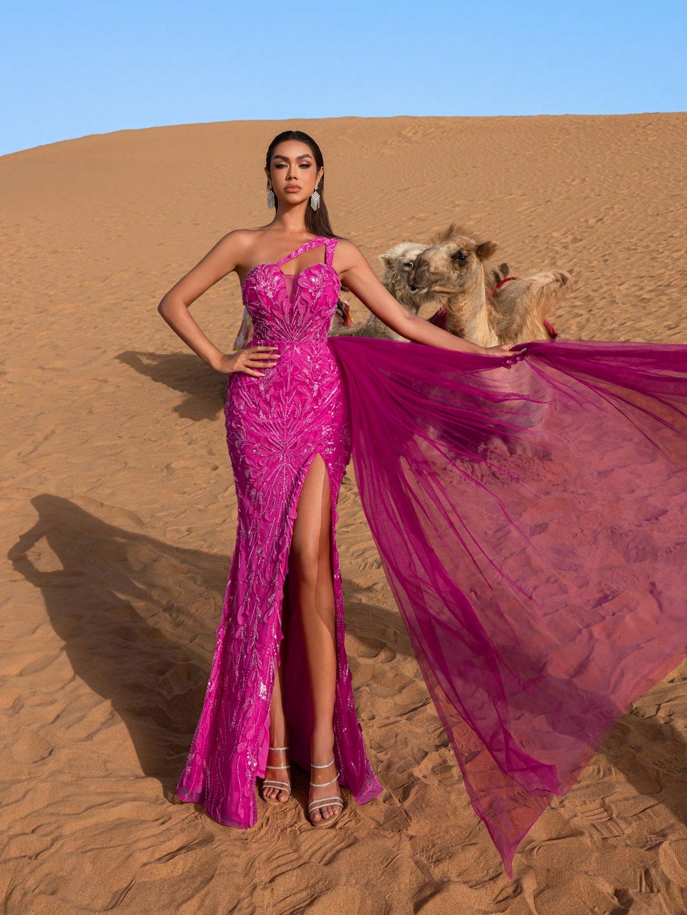 Elegant One Shoulder Beaded Mermaid Gown with Back-Tie Detail, High Thigh Slit & Side Cascading Train Evening Dress