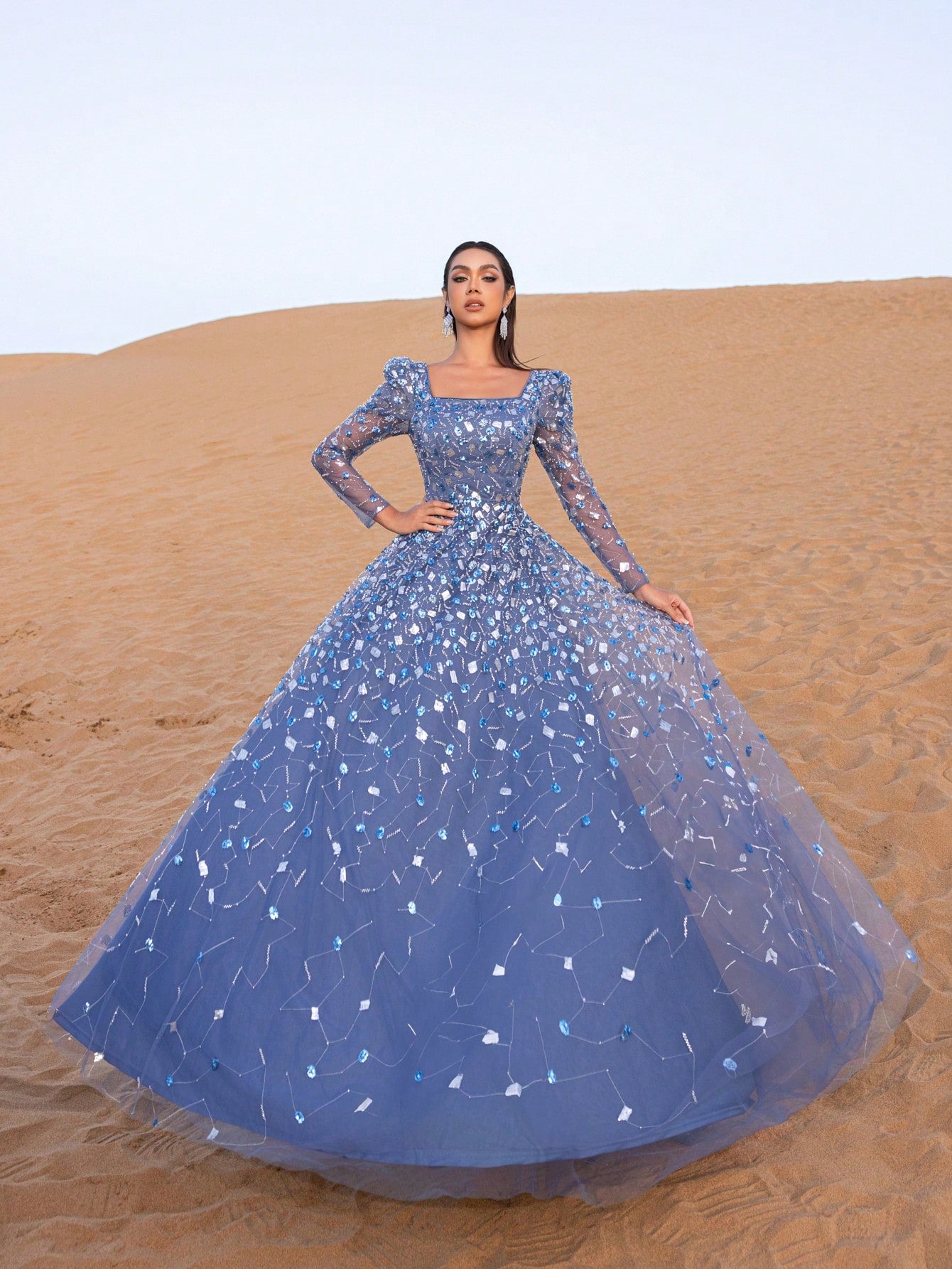 Gorgeous Beaded Sequin Evening Gown with Long Sleeves & Fitted Bodice