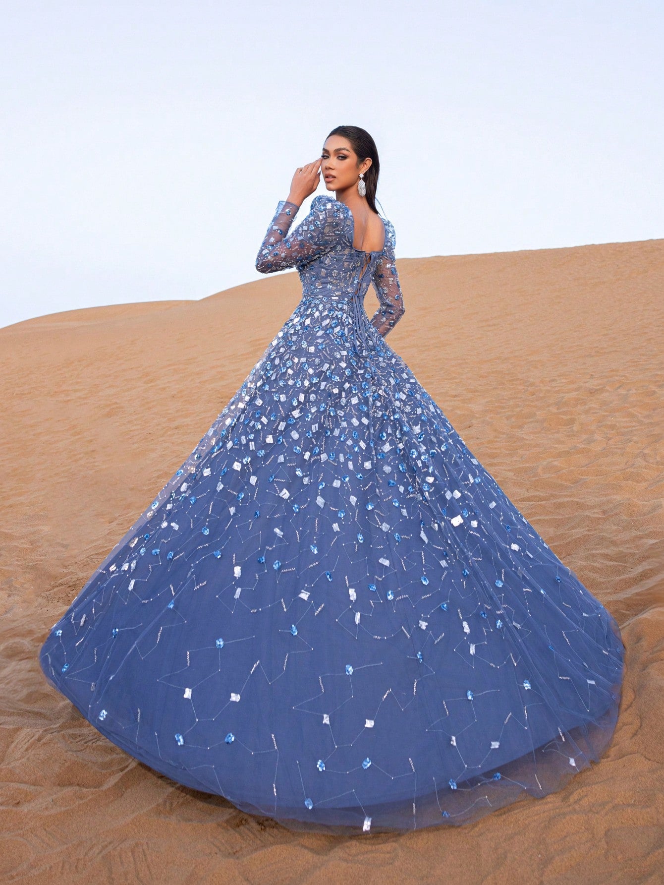 Gorgeous Beaded Sequin Evening Gown with Long Sleeves & Fitted Bodice
