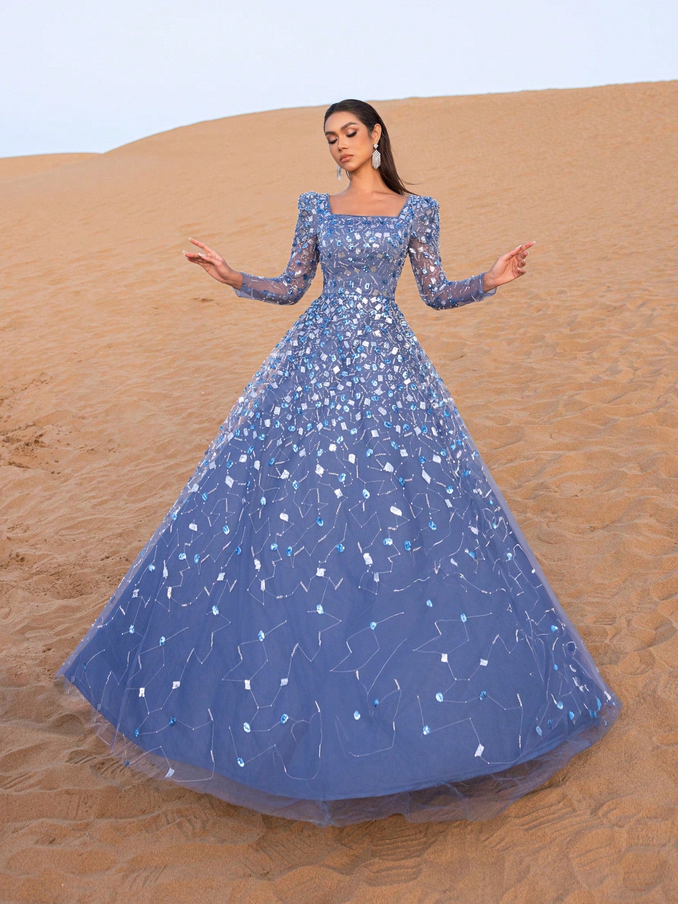 Gorgeous Beaded Sequin Evening Gown with Long Sleeves & Fitted Bodice