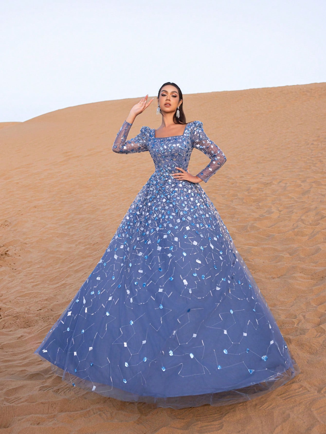 Gorgeous Beaded Sequin Evening Gown with Long Sleeves & Fitted Bodice