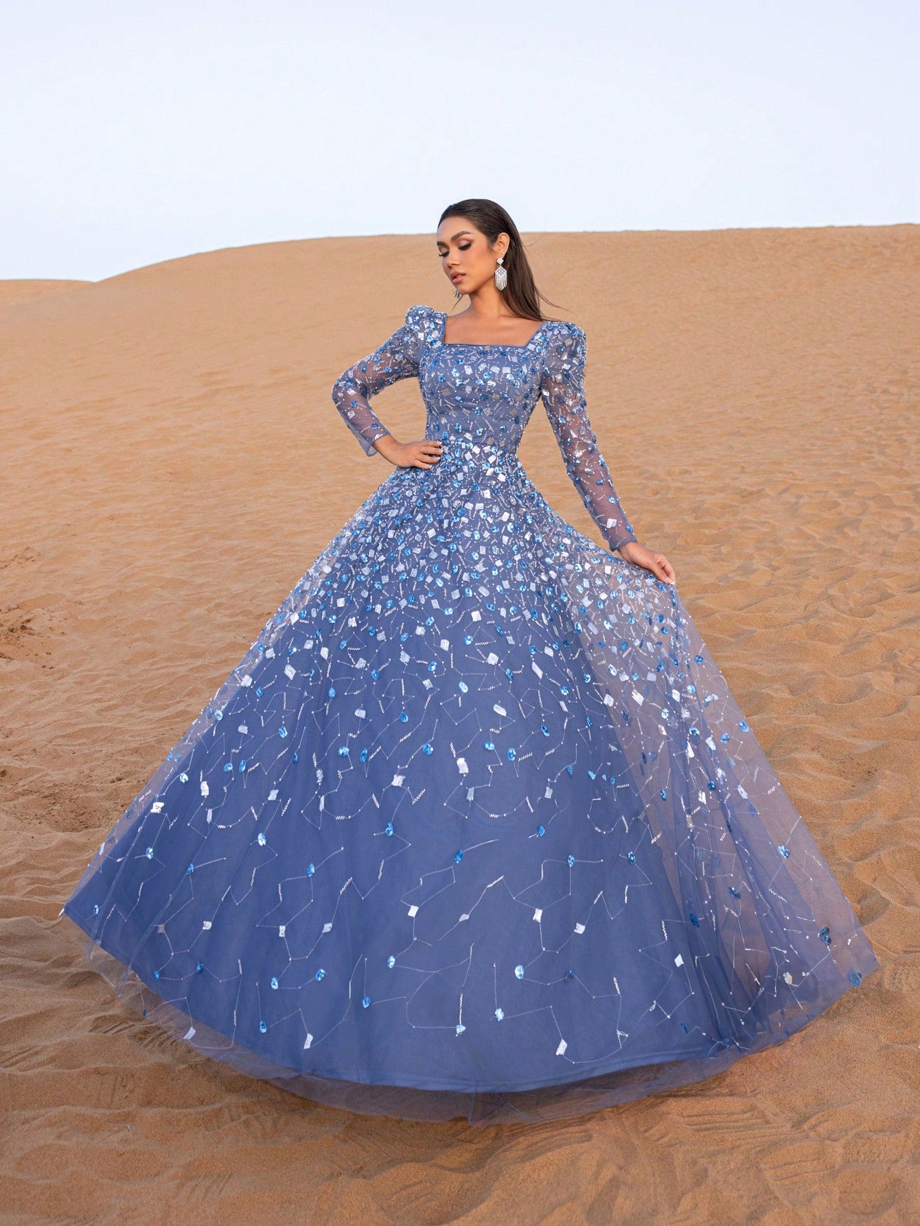 Gorgeous Beaded Sequin Evening Gown with Long Sleeves & Fitted Bodice