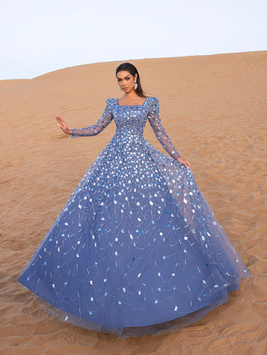 Gorgeous Beaded Sequin Evening Gown with Long Sleeves & Fitted Bodice