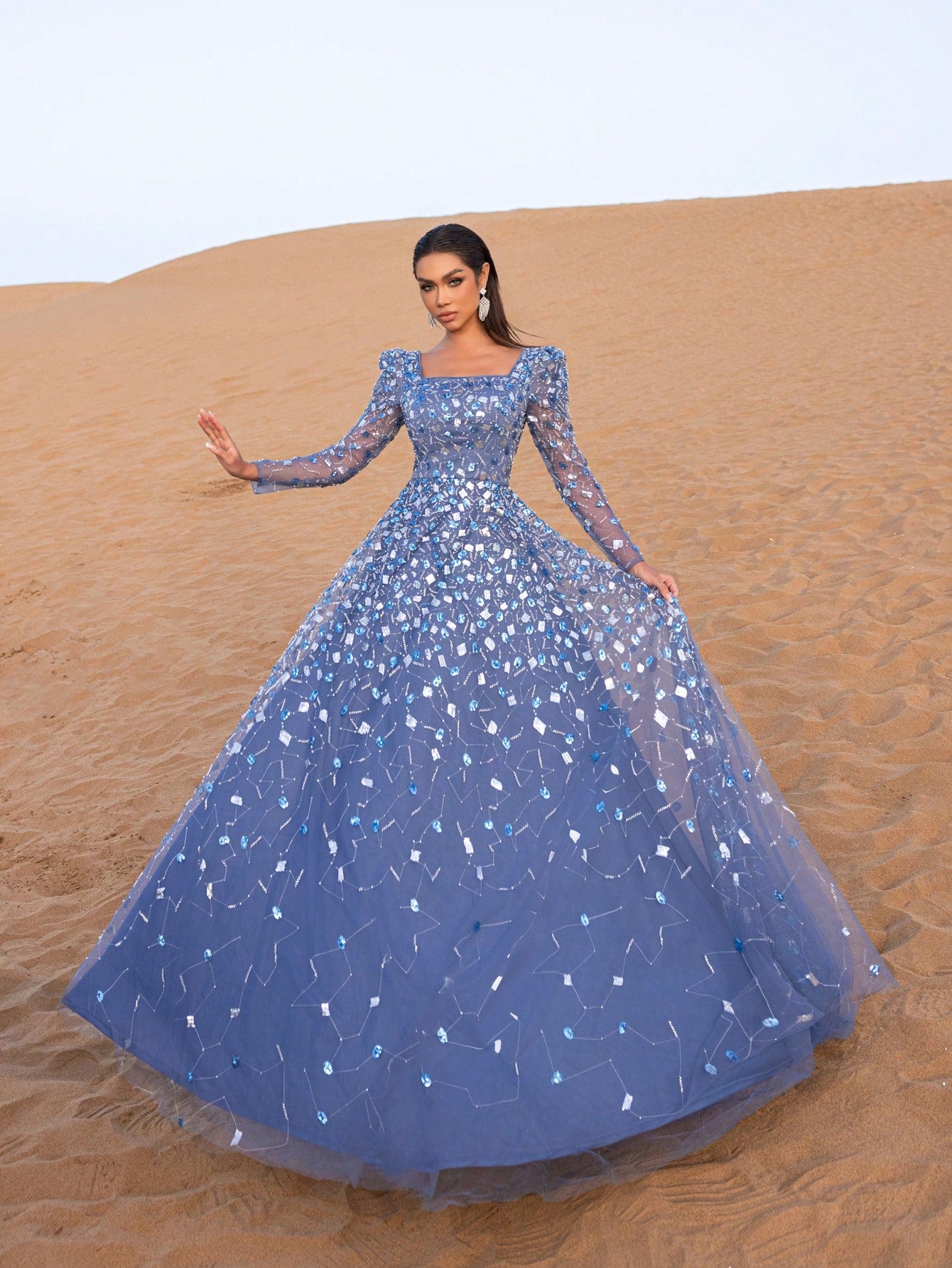 Gorgeous Beaded Sequin Evening Gown with Long Sleeves & Fitted Bodice