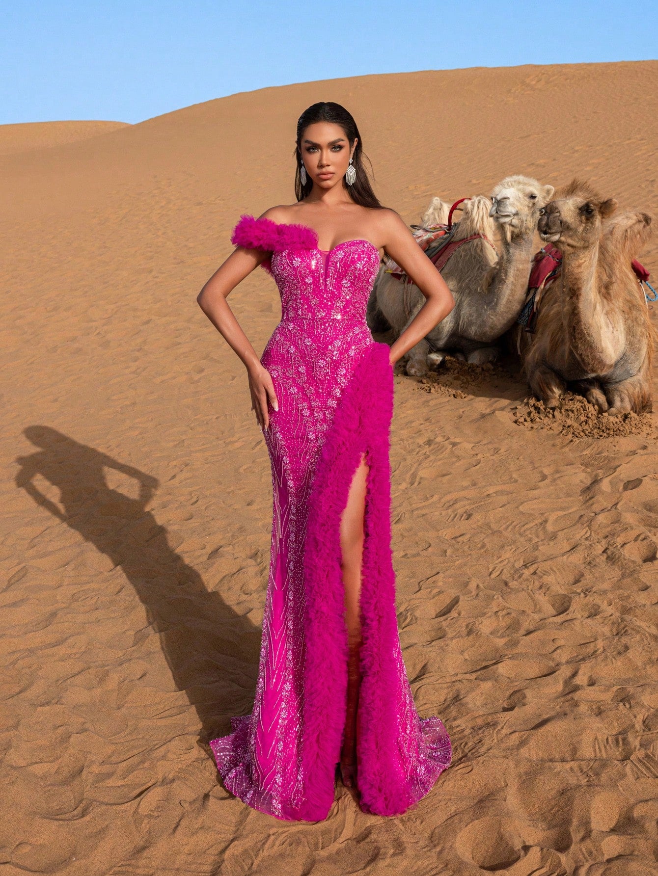 Luxury Ruffle Trim Split Thigh Beaded Sequin Evening Dress