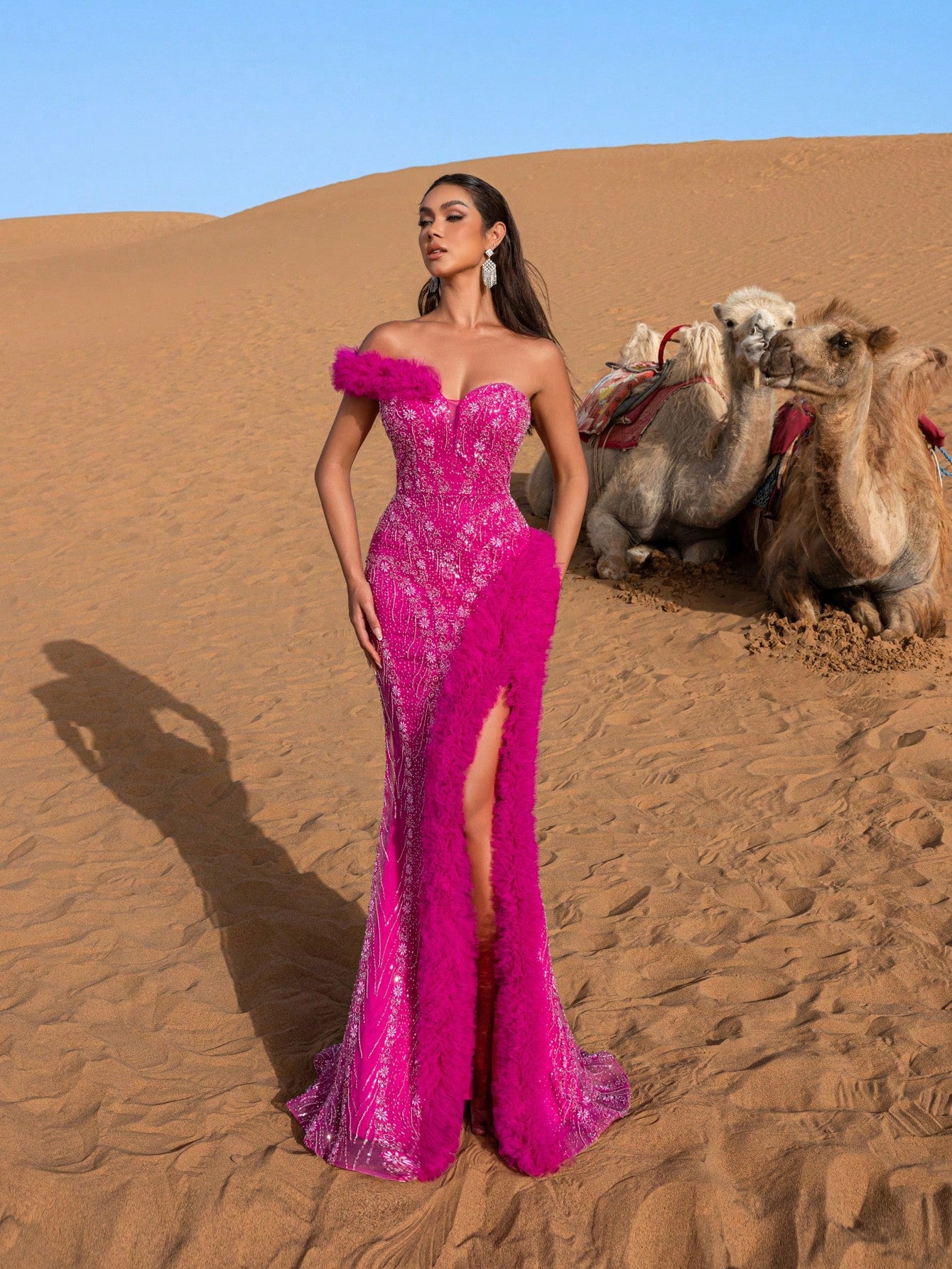 Luxury Ruffle Trim Split Thigh Beaded Sequin Evening Dress