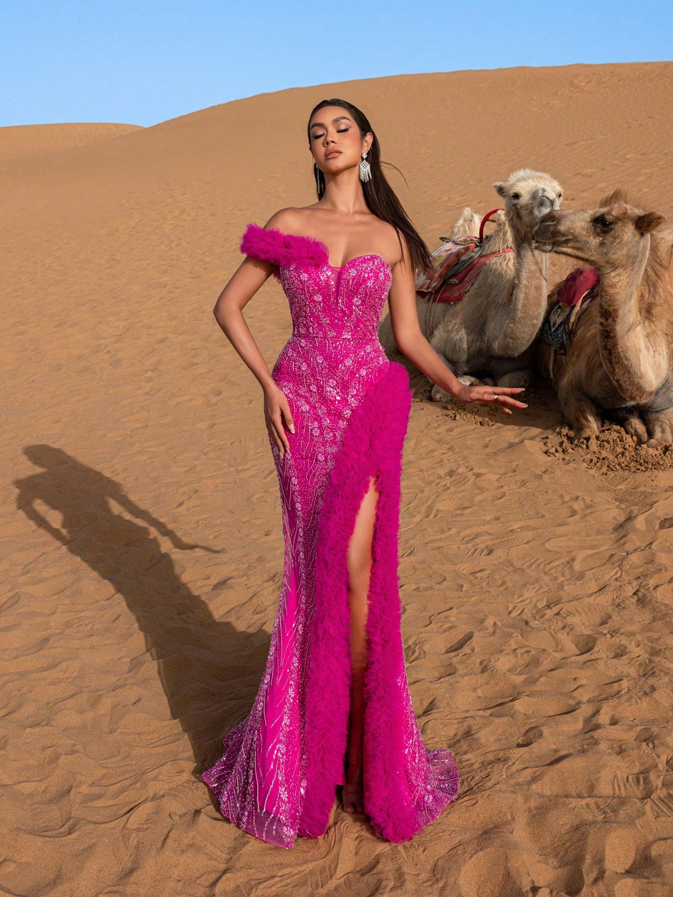 Luxury Ruffle Trim Split Thigh Beaded Sequin Evening Dress