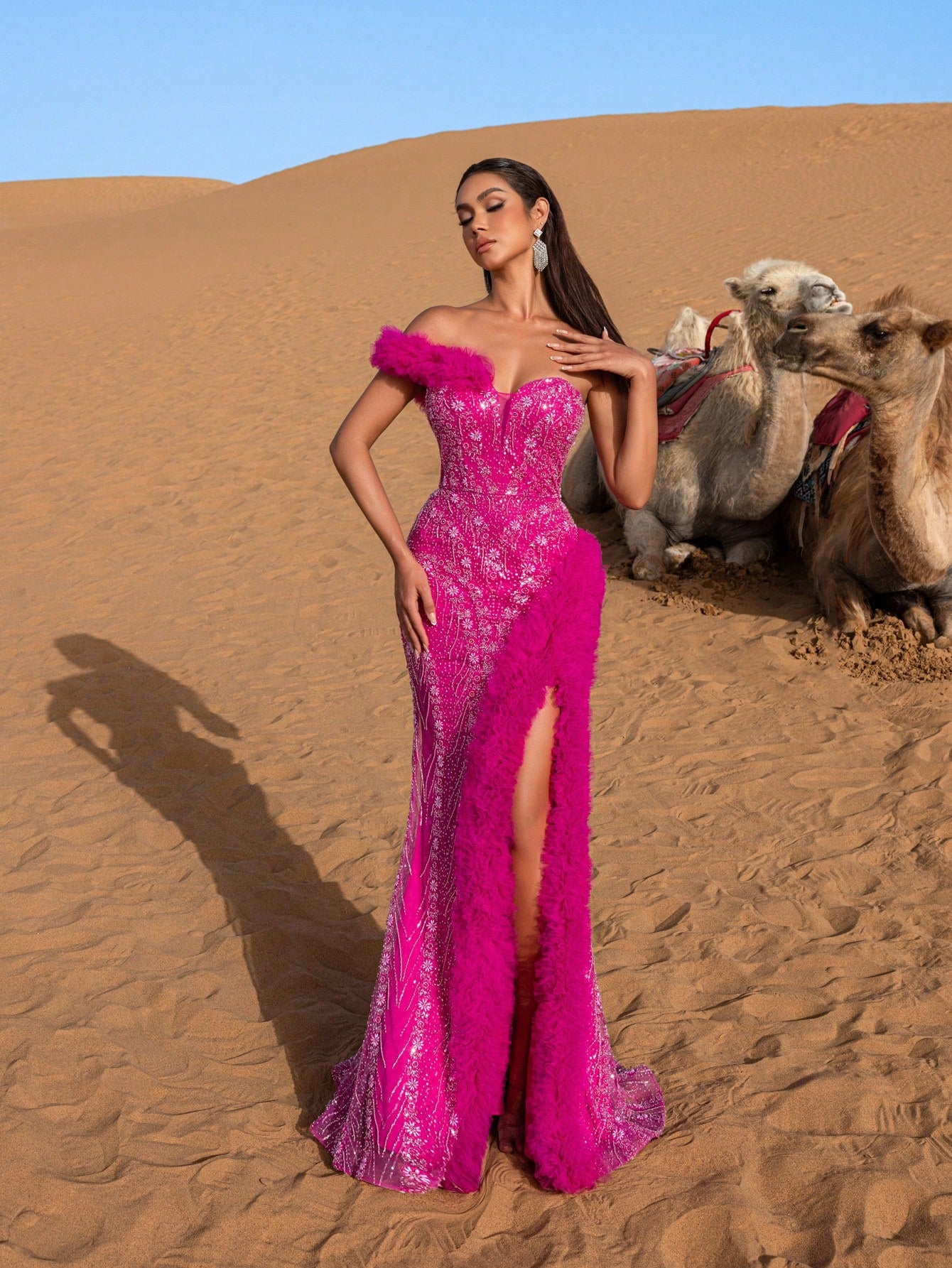 Luxury Ruffle Trim Split Thigh Beaded Sequin Evening Dress