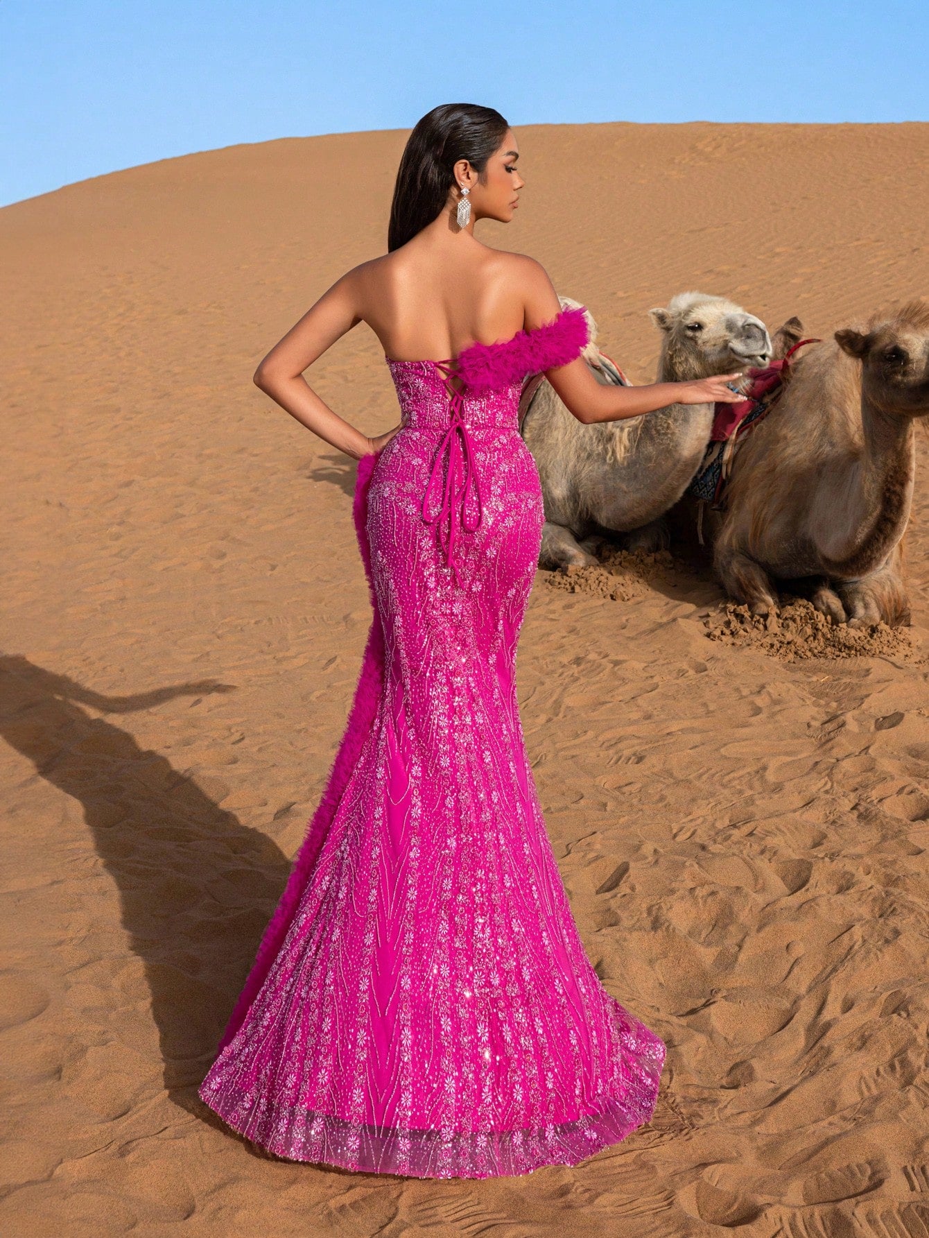 Luxury Ruffle Trim Split Thigh Beaded Sequin Evening Dress