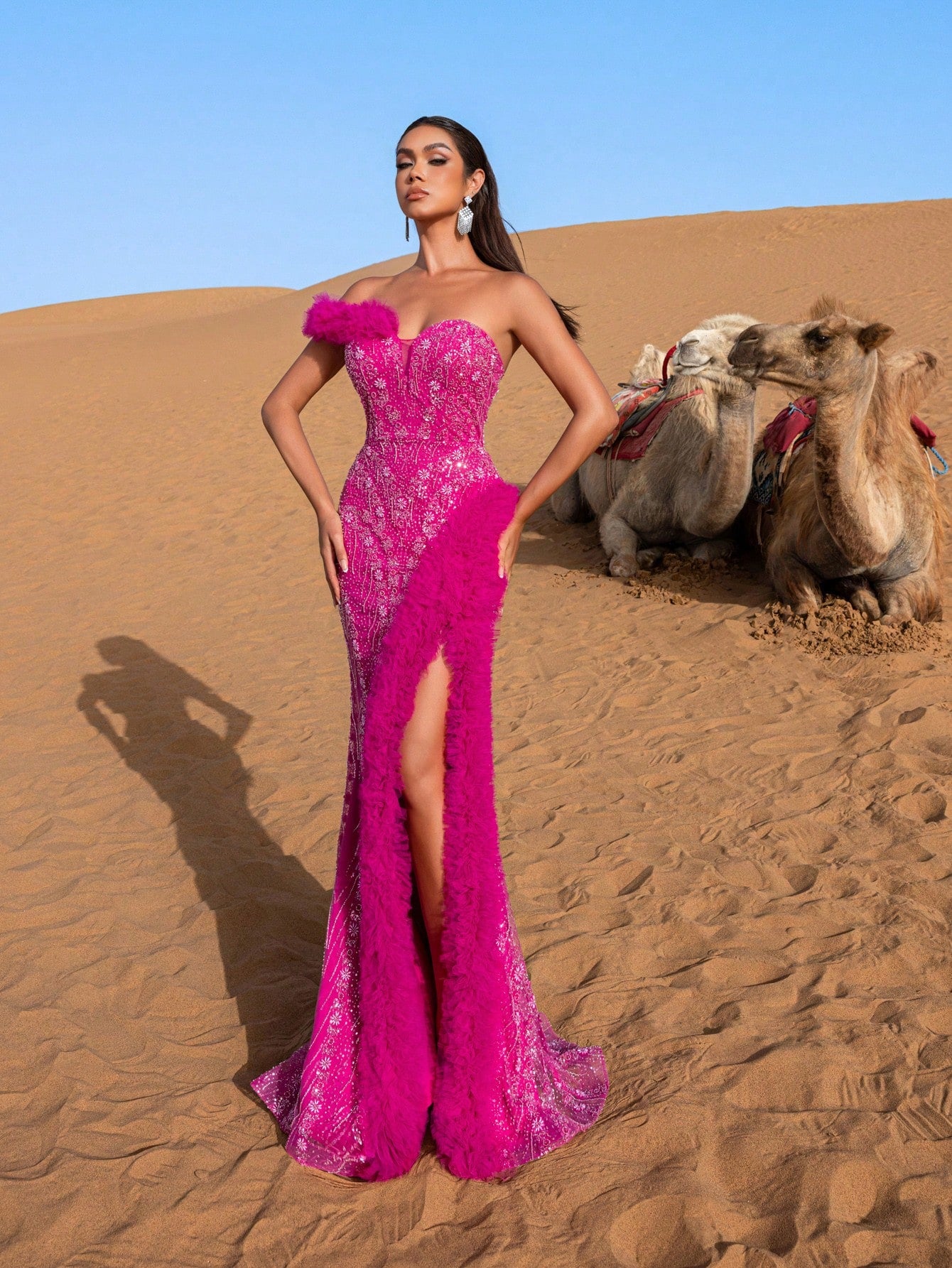 Luxury Ruffle Trim Split Thigh Beaded Sequin Evening Dress