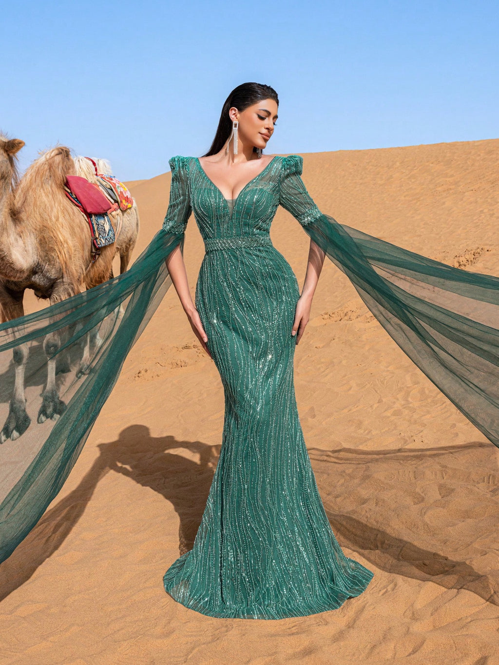 Luxury Plunging Neck Extra-Long Sleeves Beaded Evening Dress
