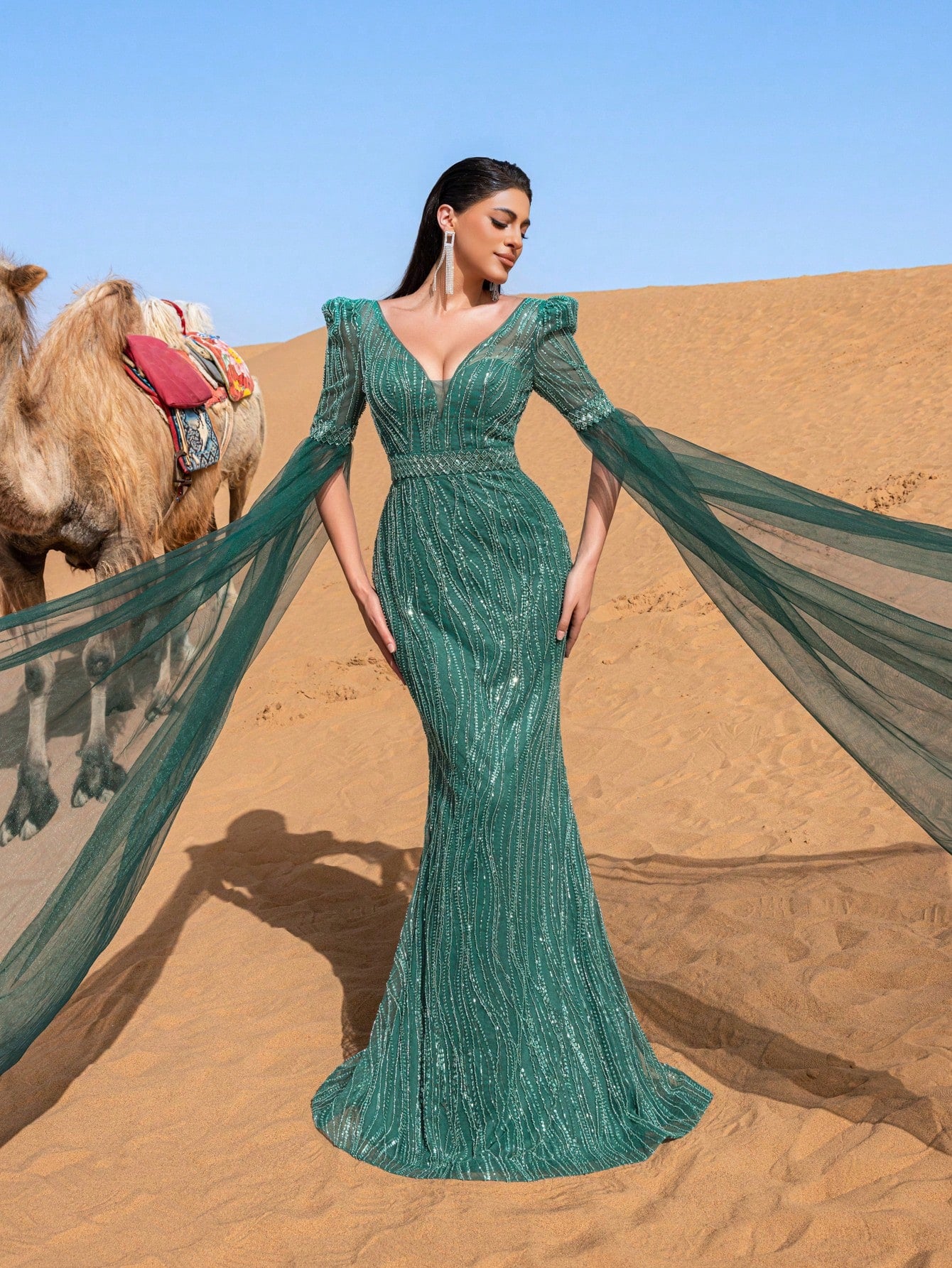 Luxury Plunging Neck Extra-Long Sleeves Beaded Evening Dress