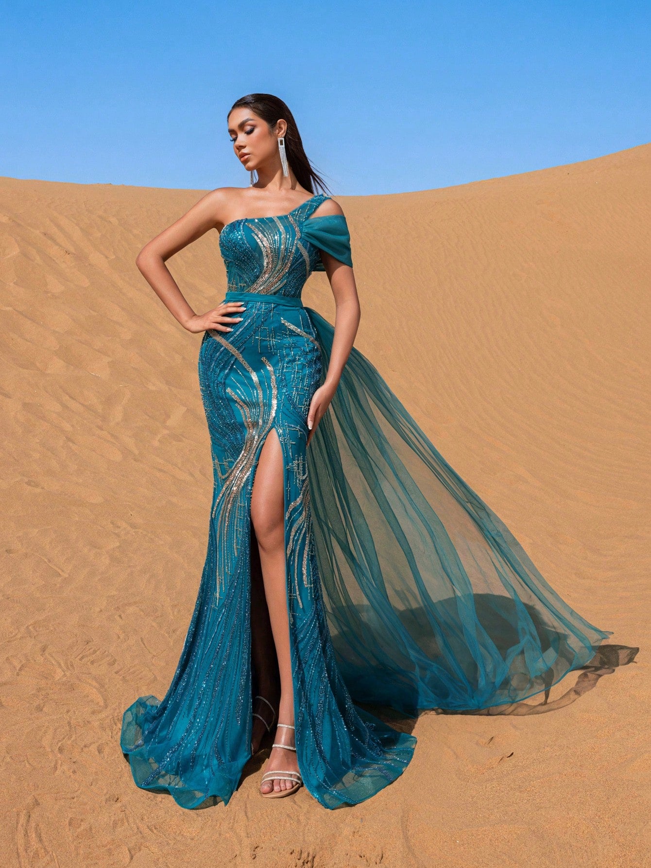 Gorgeous One Shoulder Sheer Overlay Split Beaded Formal Dresses & Evening Gowns