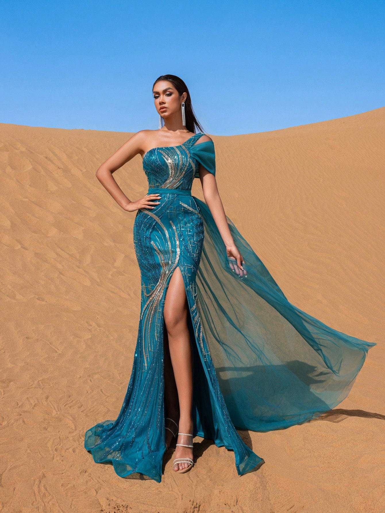 Gorgeous One Shoulder Sheer Overlay Split Beaded Formal Dresses & Evening Gowns