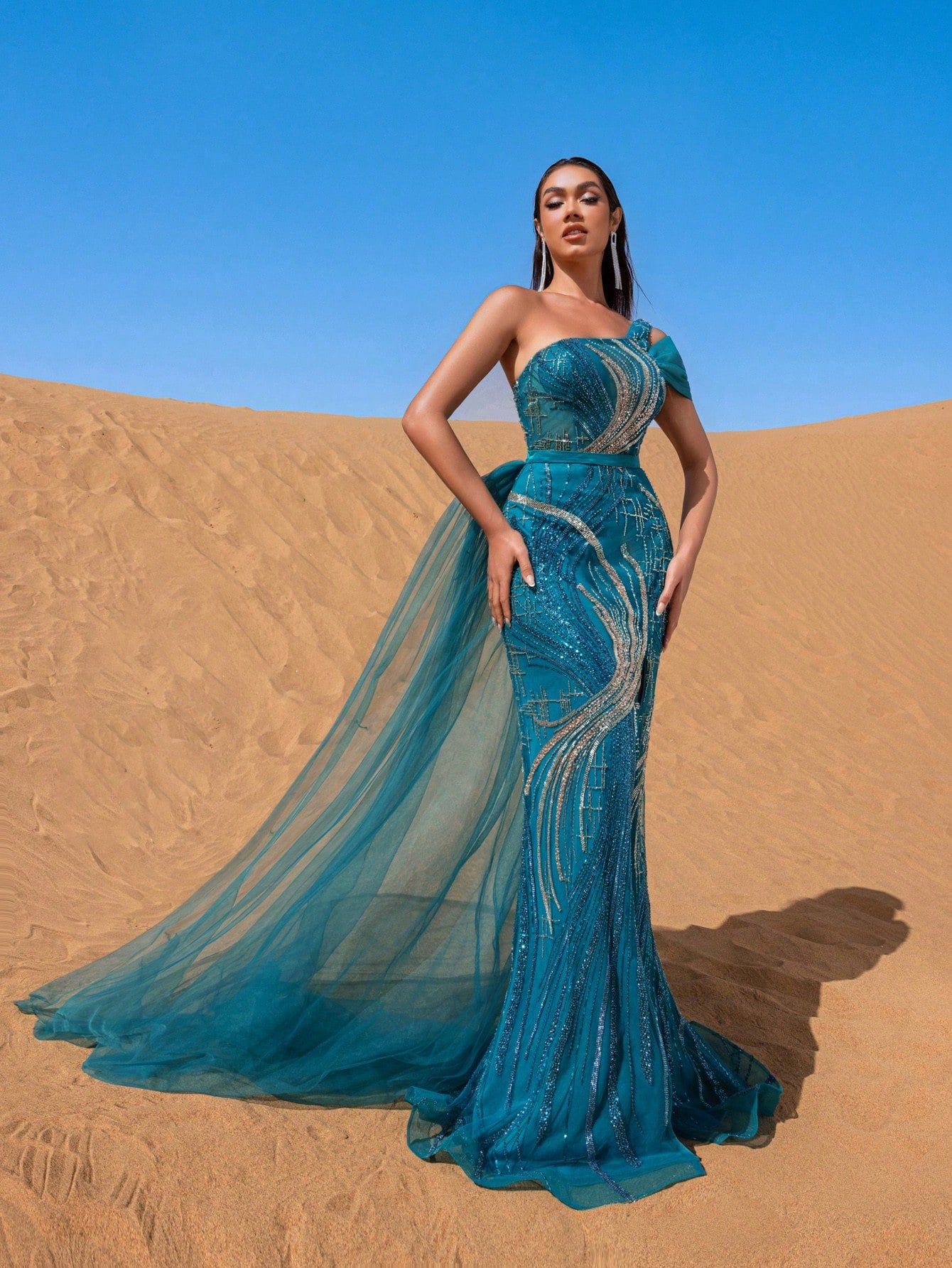 Gorgeous One Shoulder Sheer Overlay Split Beaded Formal Dresses & Evening Gowns