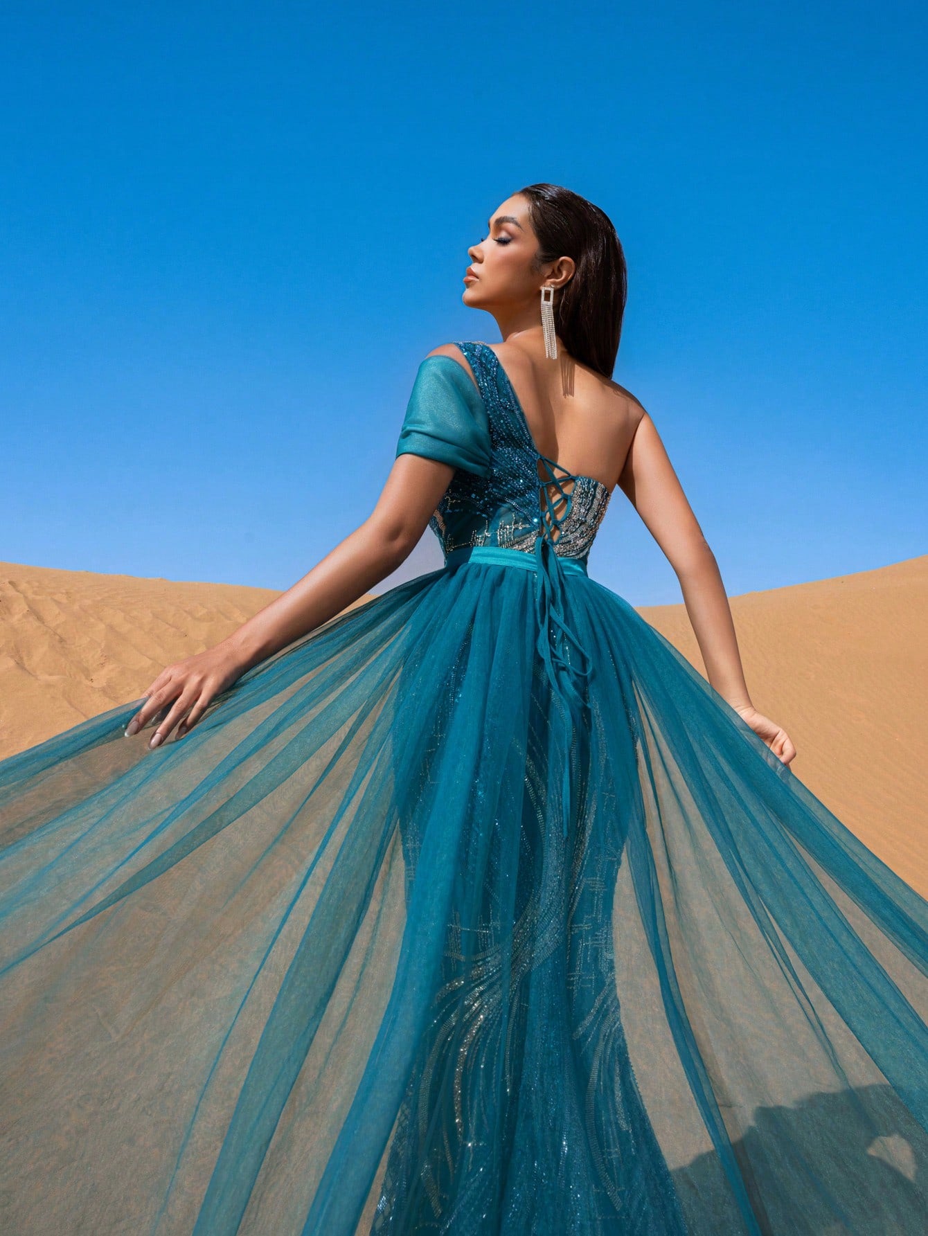 Gorgeous One Shoulder Sheer Overlay Split Beaded Formal Dresses & Evening Gowns