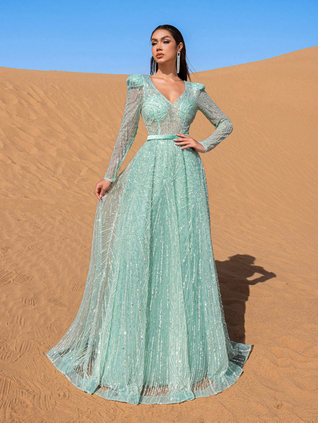 Gorgeous Plunging Neck Sheer Bodice Beaded Formal Dresses & Evening Gowns