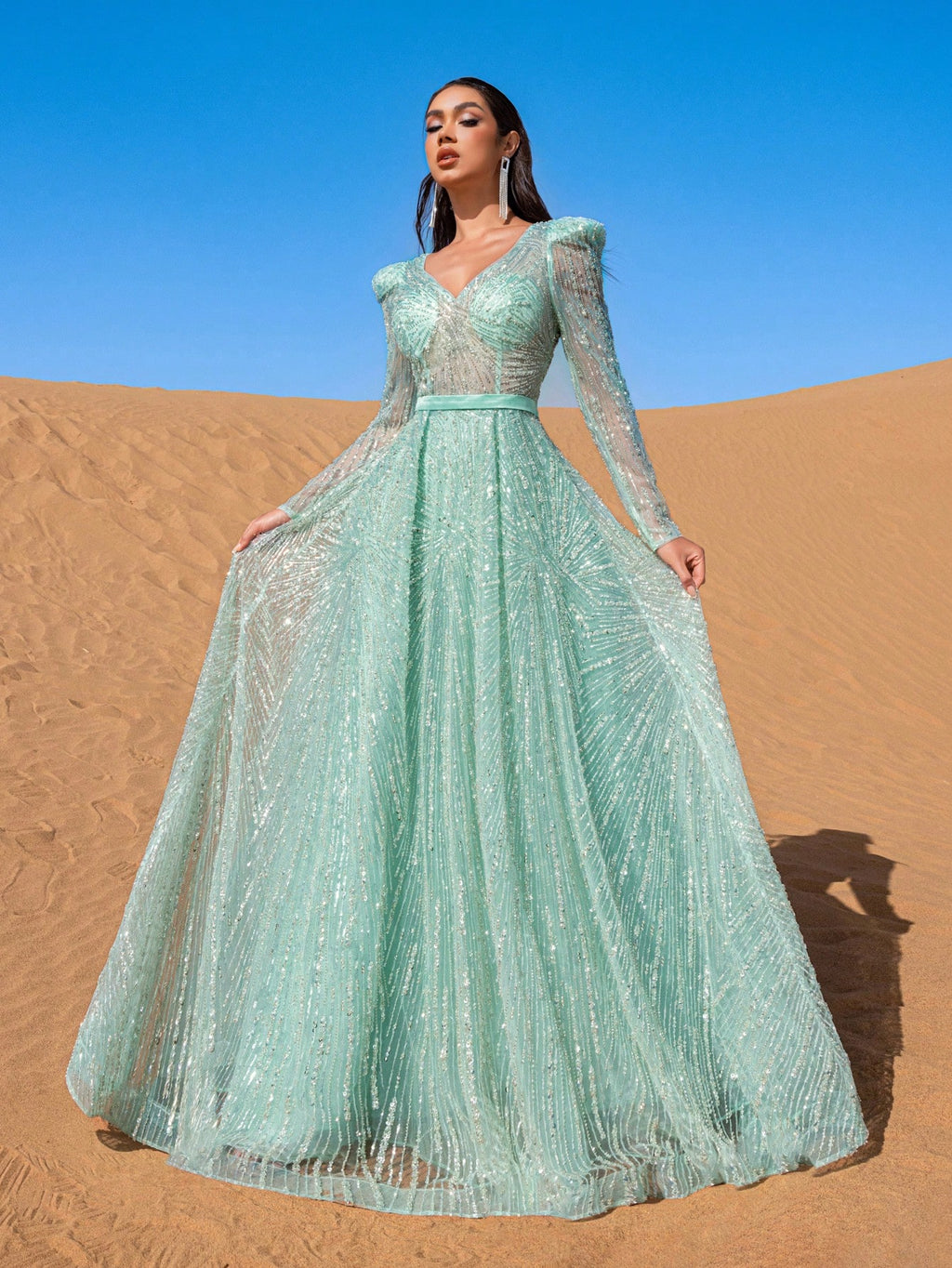 Gorgeous Plunging Neck Sheer Bodice Beaded Formal Dresses & Evening Gowns