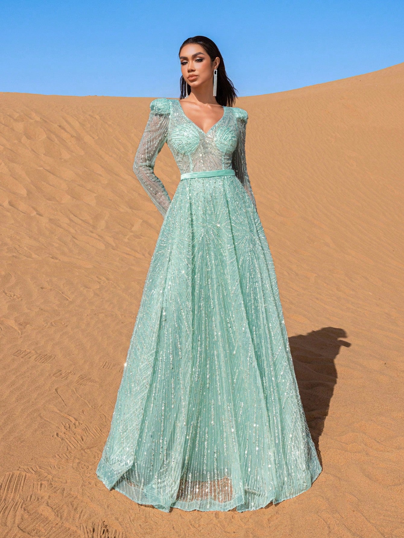 Gorgeous Plunging Neck Sheer Bodice Beaded Formal Dresses & Evening Gowns