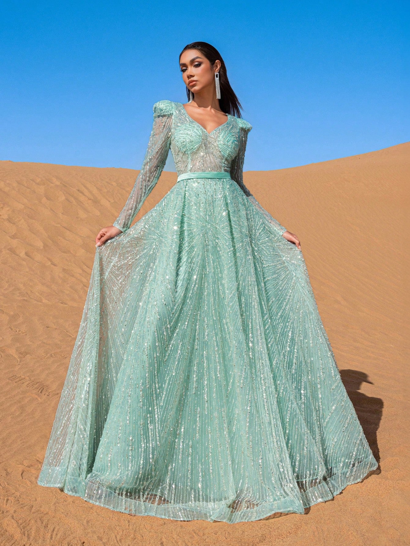 Gorgeous Plunging Neck Sheer Bodice Beaded Formal Dresses & Evening Gowns