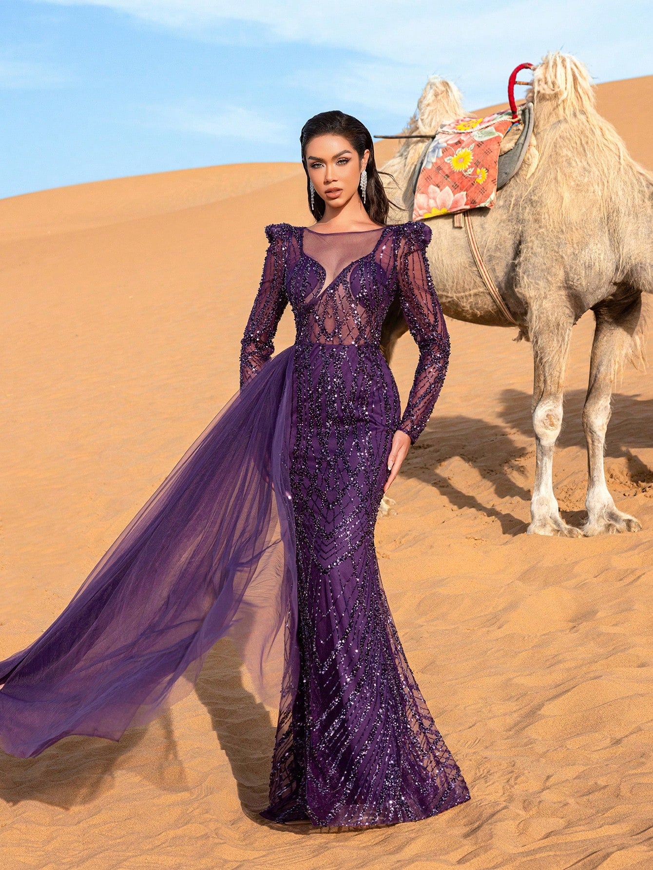 Glamorous Sheer Bodice Sequin Beaded Formal Party Dress & Evening Gowns