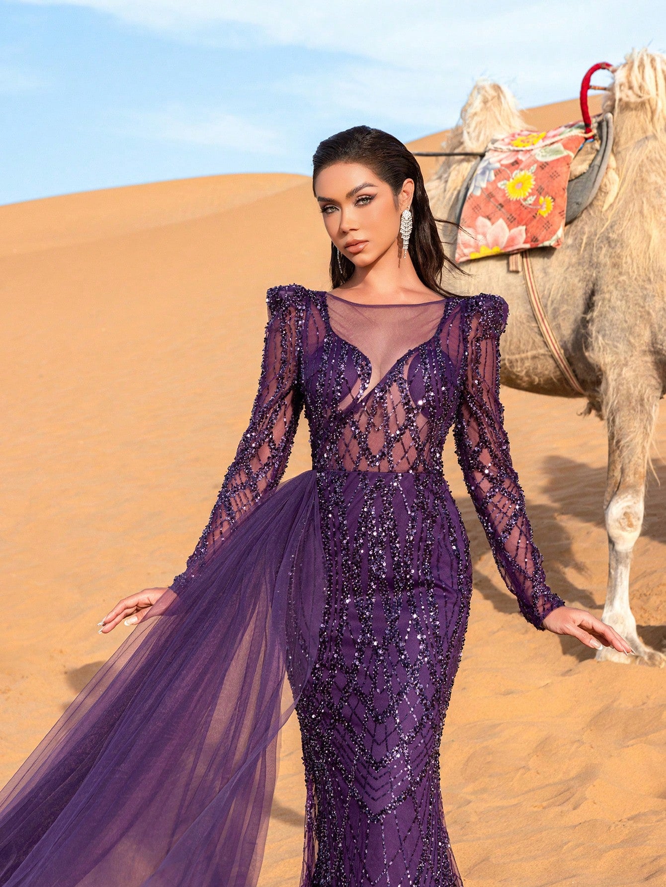 Glamorous Sheer Bodice Sequin Beaded Formal Party Dress & Evening Gowns