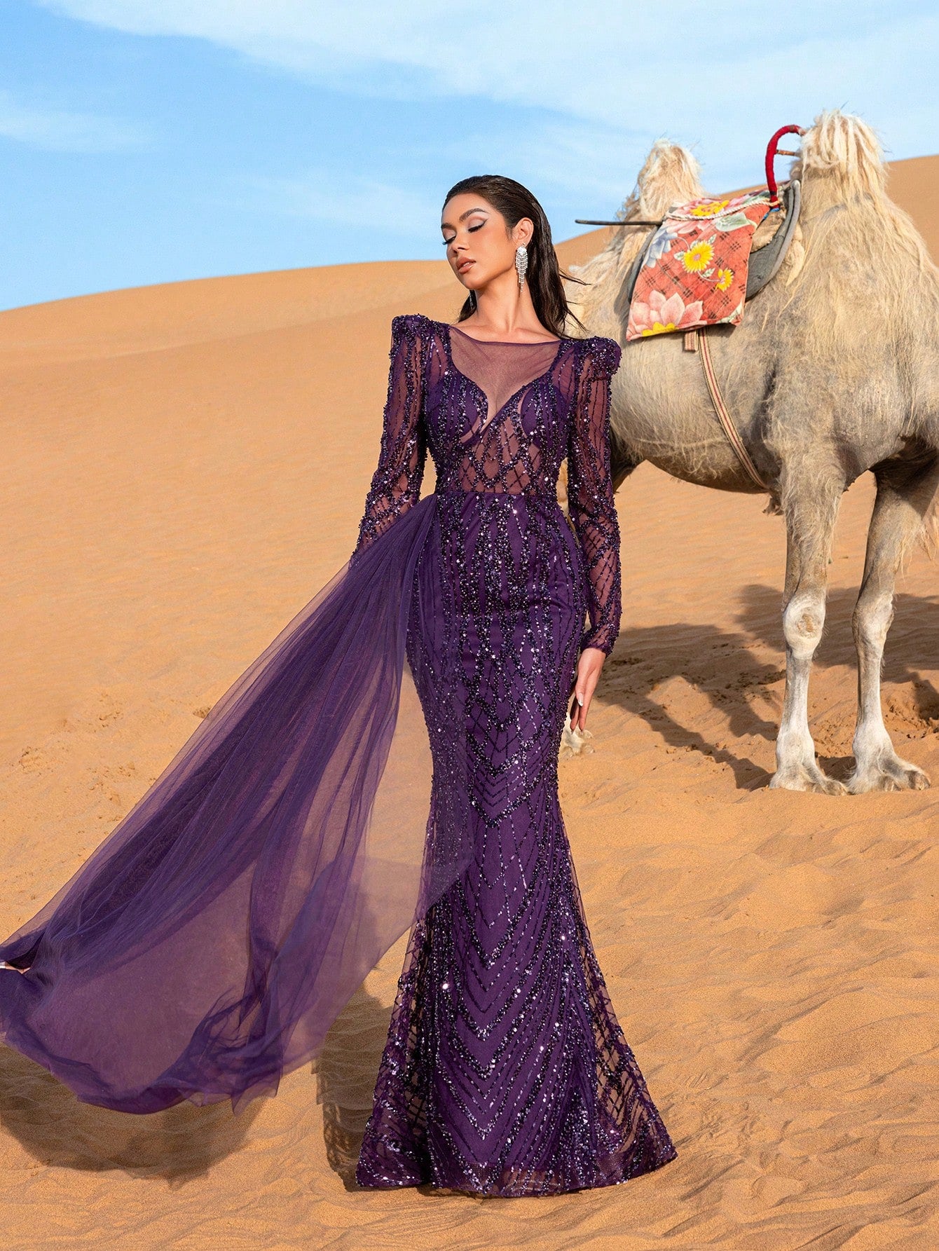 Glamorous Sheer Bodice Sequin Beaded Formal Party Dress & Evening Gowns