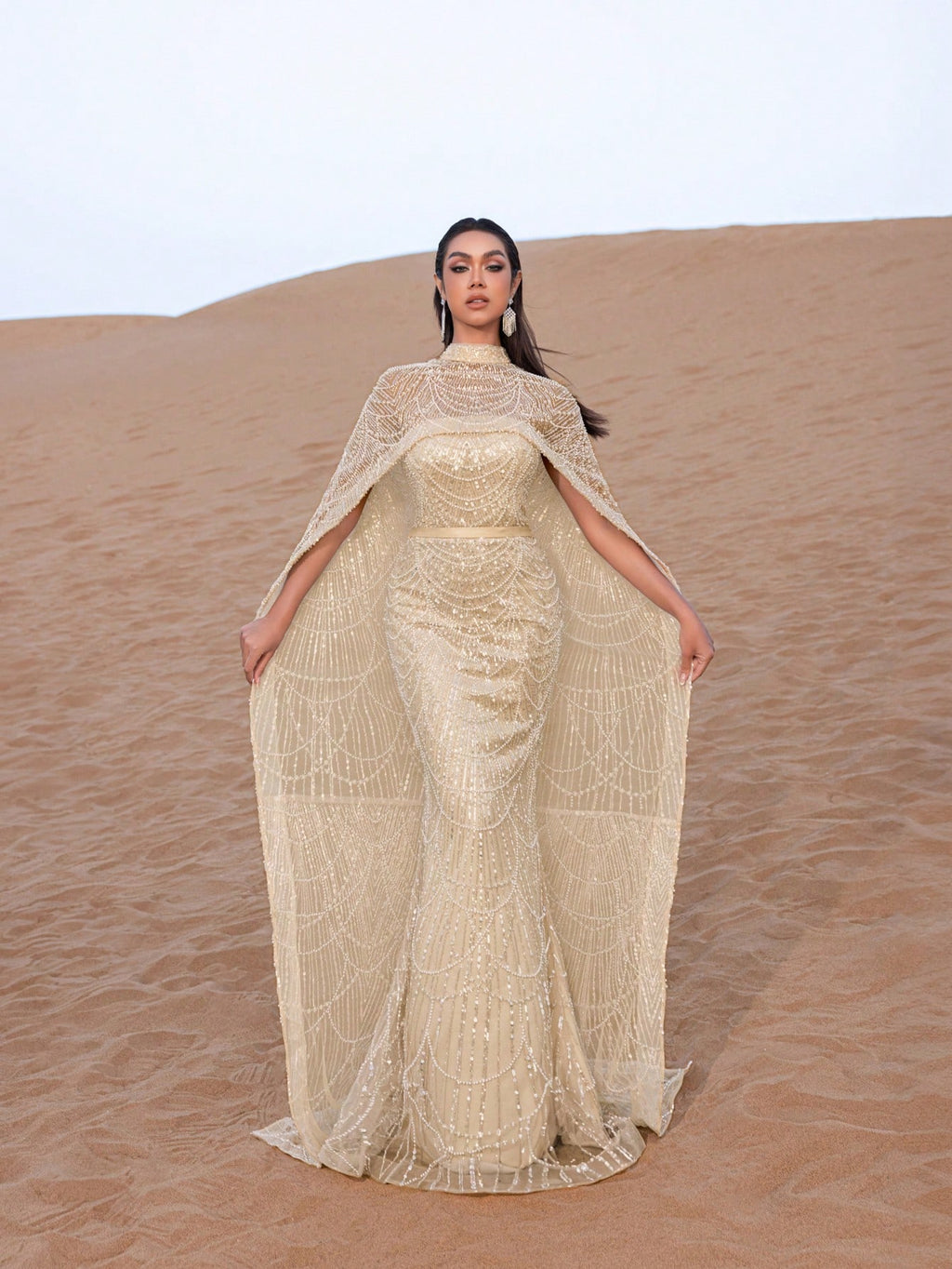 Luxurious Shimmering Beaded Sequin Maxi Cape Dress with Fish Tail Hem