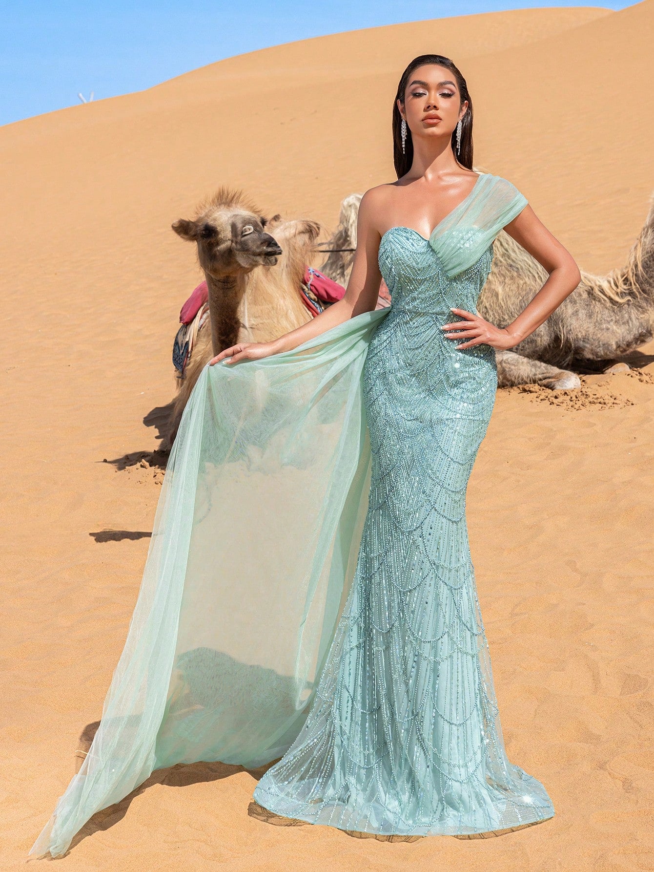 Asymmetrical One Shoulder Draped Side Sequin Prom Beaded Formal Dresses & Evening Gowns Dress & Embellished Dress