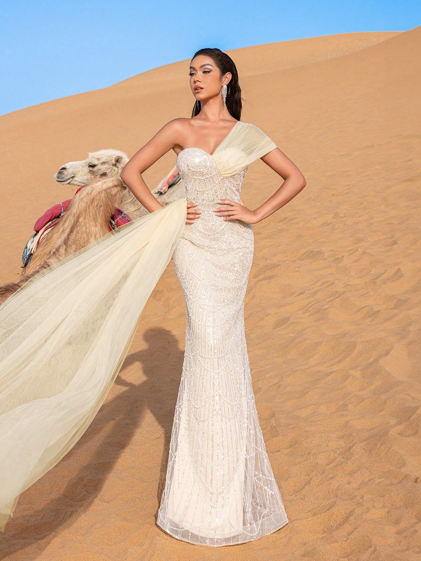 Asymmetrical One Shoulder Draped Side Sequin Prom Beaded Formal Dresses & Evening Gowns Dress & Embellished Dress