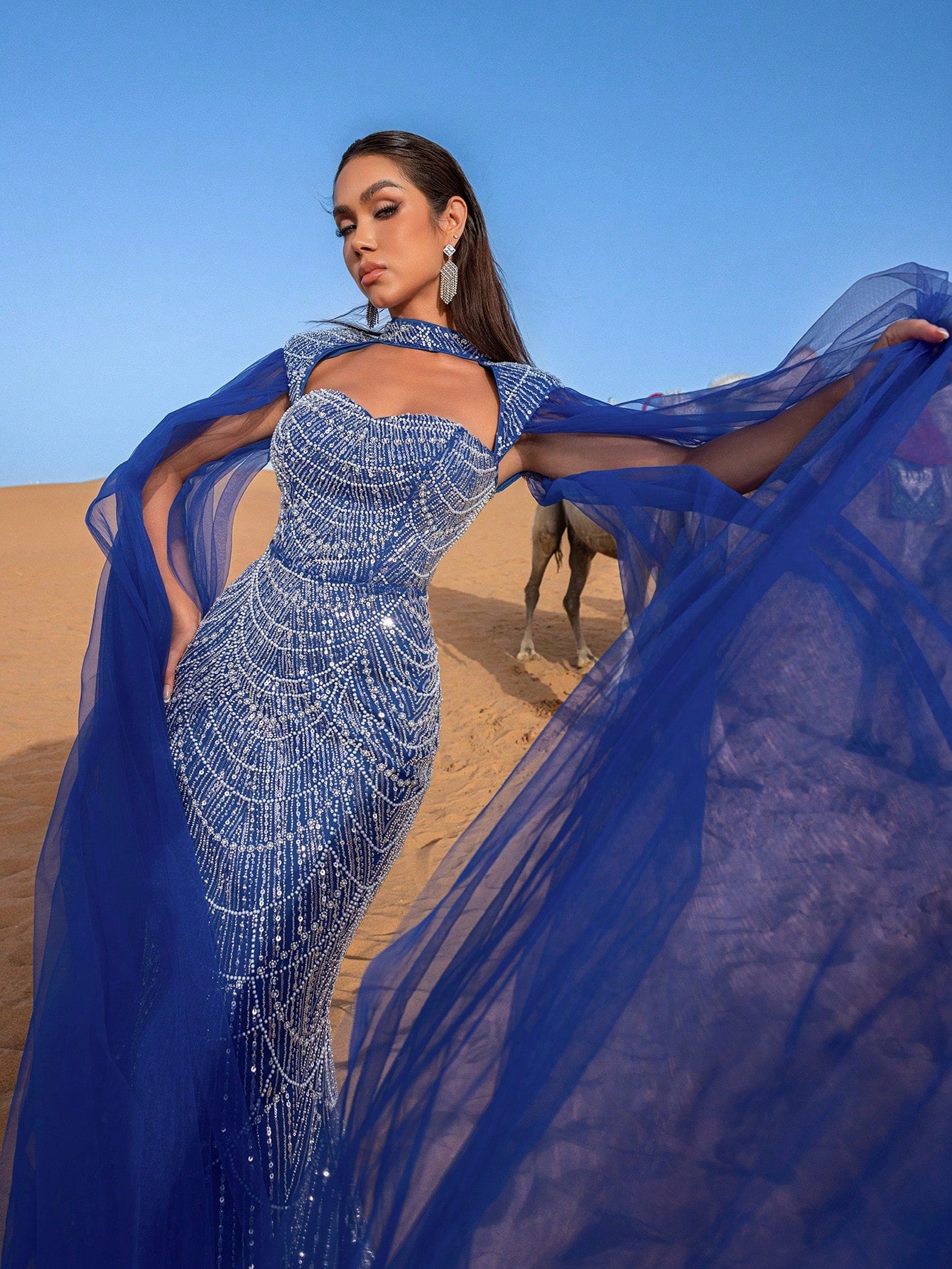 Choker Neck Backless Extra-Long Sleeves Beaded Formal Dresses & Evening Gowns Dress & Embellished Dress