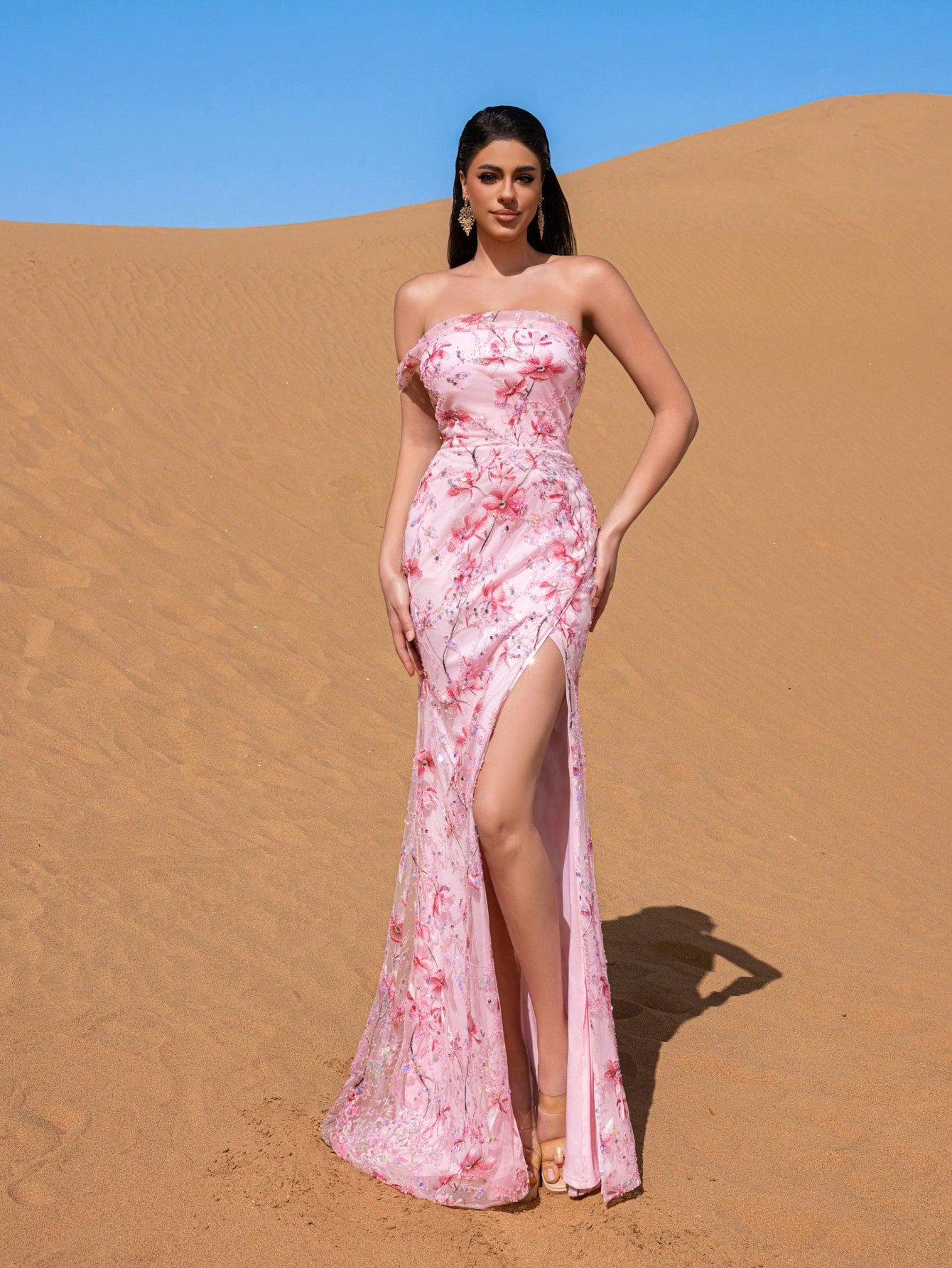 Elegant Floral Embroidered Split Beaded Formal Dresses & Evening Gowns