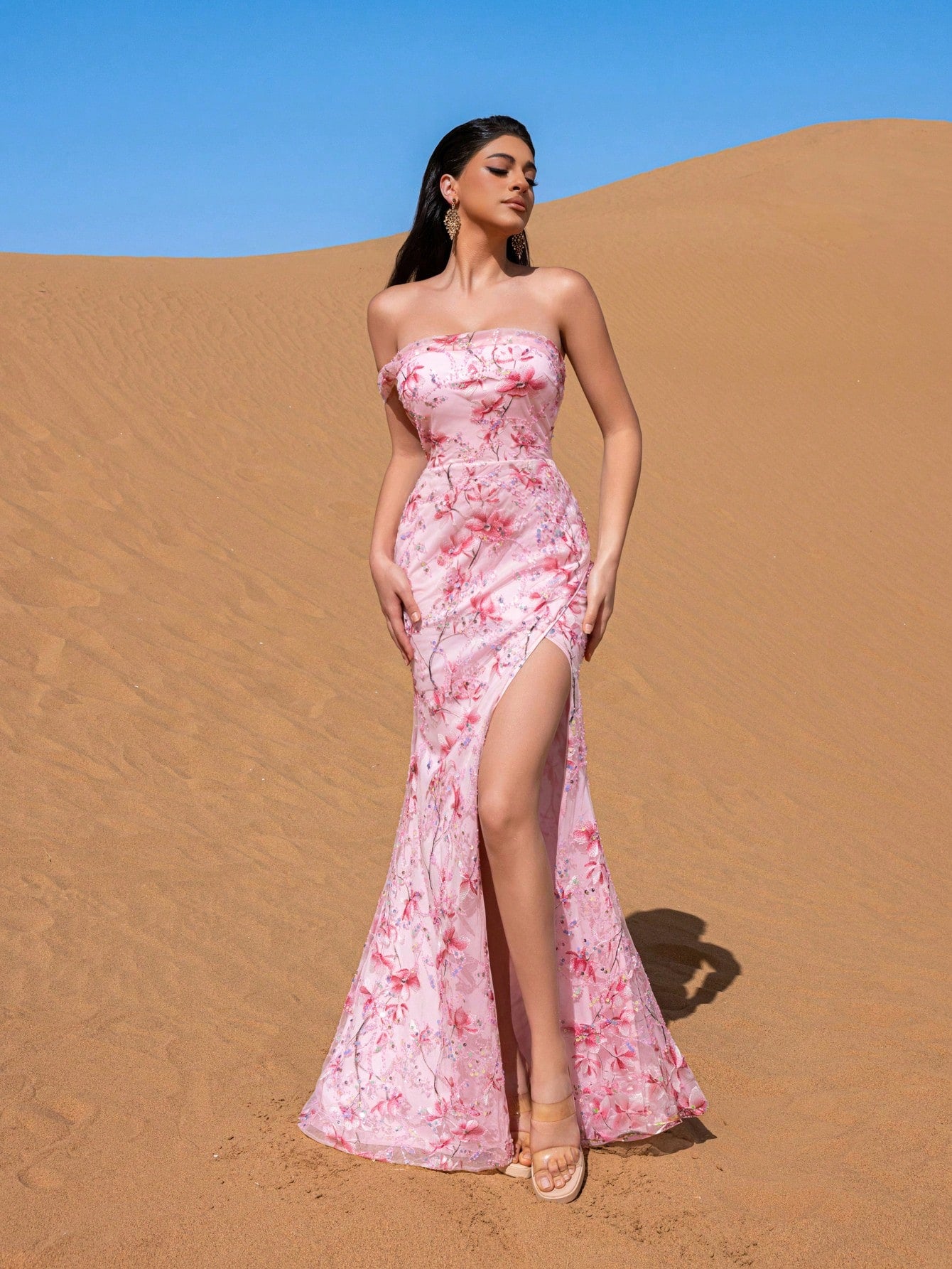 Elegant Floral Embroidered Split Beaded Formal Dresses & Evening Gowns