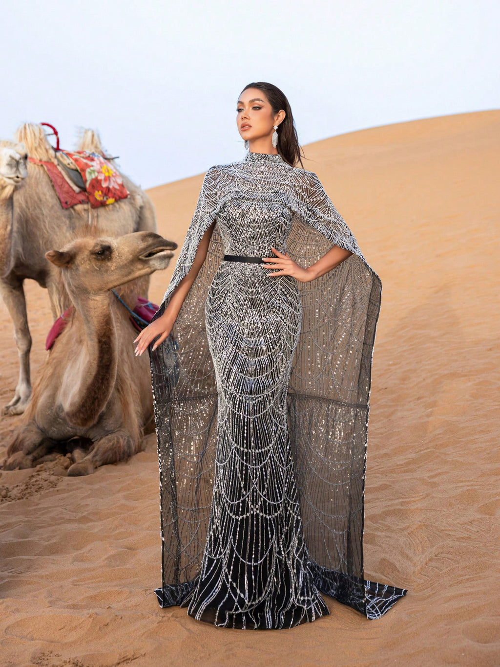 Luxurious Shimmering Beaded Sequin Maxi Cape Dress with Fish Tail Hem