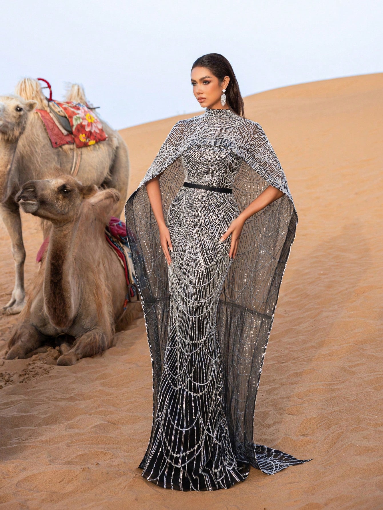Luxurious Shimmering Beaded Sequin Maxi Cape Dress with Fish Tail Hem